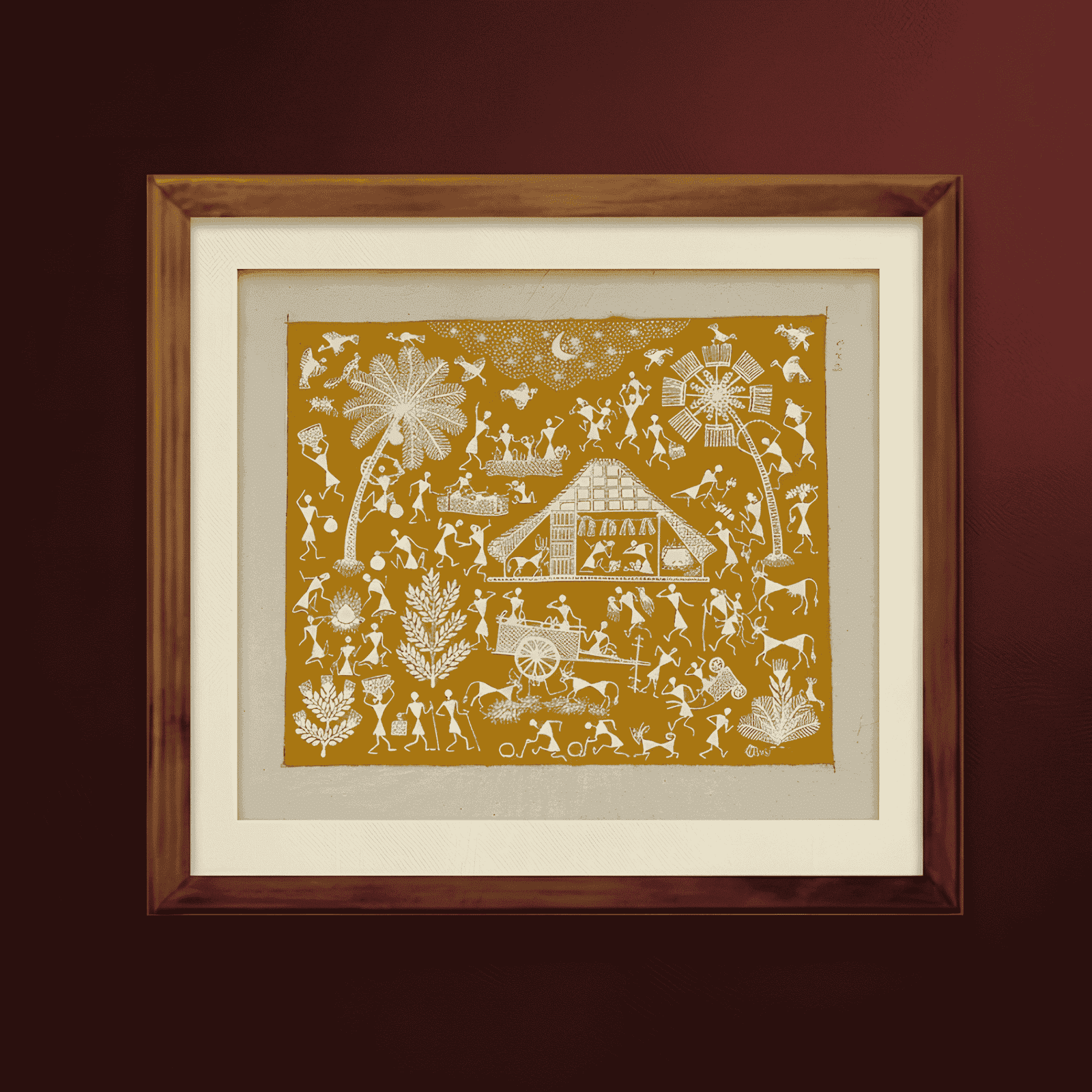 Handpainted Mustard Yellow Warli Painting
