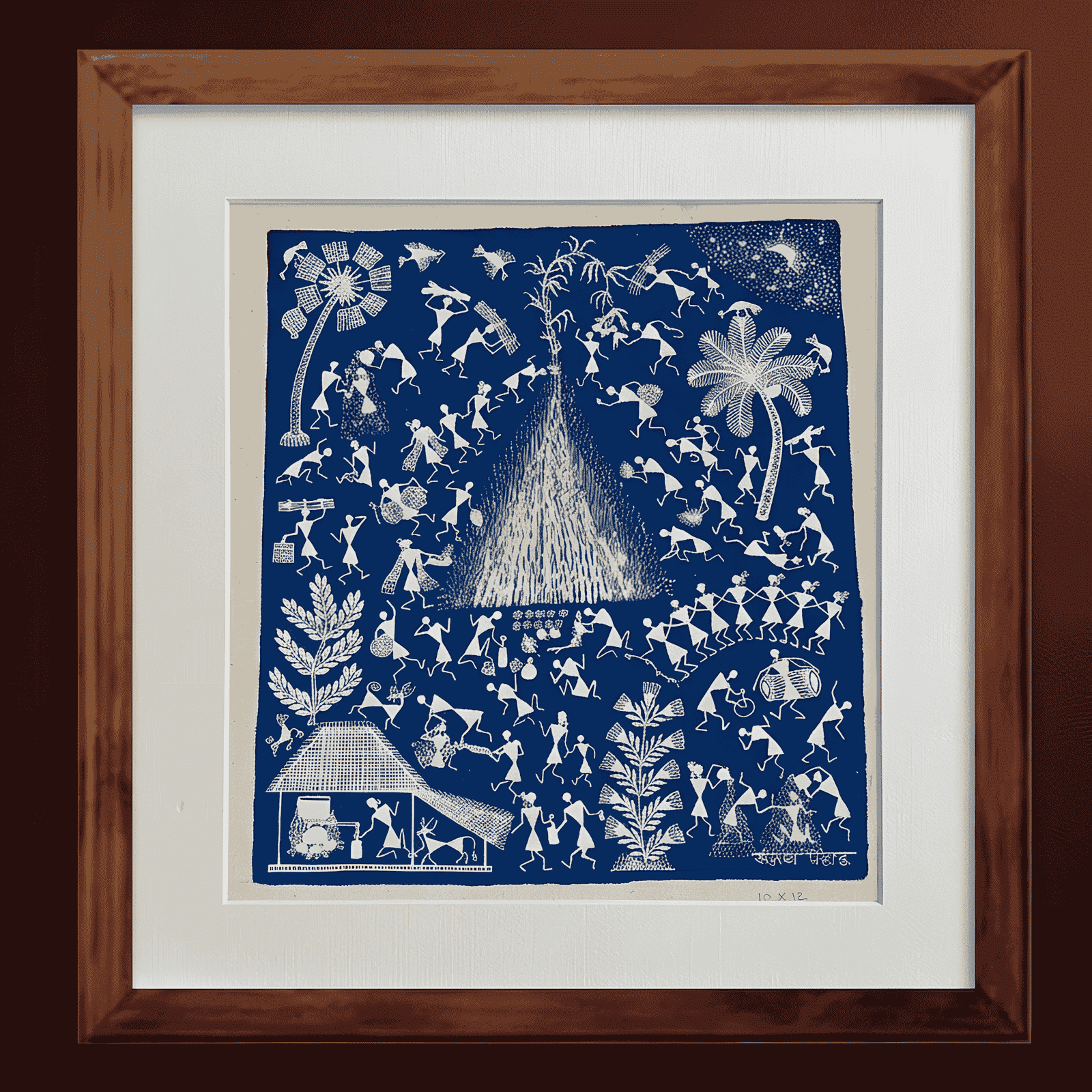 Handpainted Indigo Blue Warli Painting – Sacred Bonfire Dance