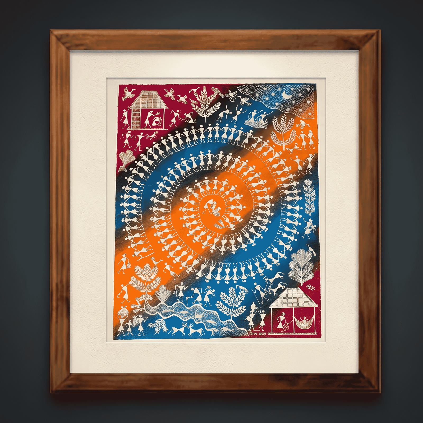 Handpainted Multi-Color Multicolor Warli Painting – Grand Tarpa Spiral Dance & Tribal Village Life Landscape