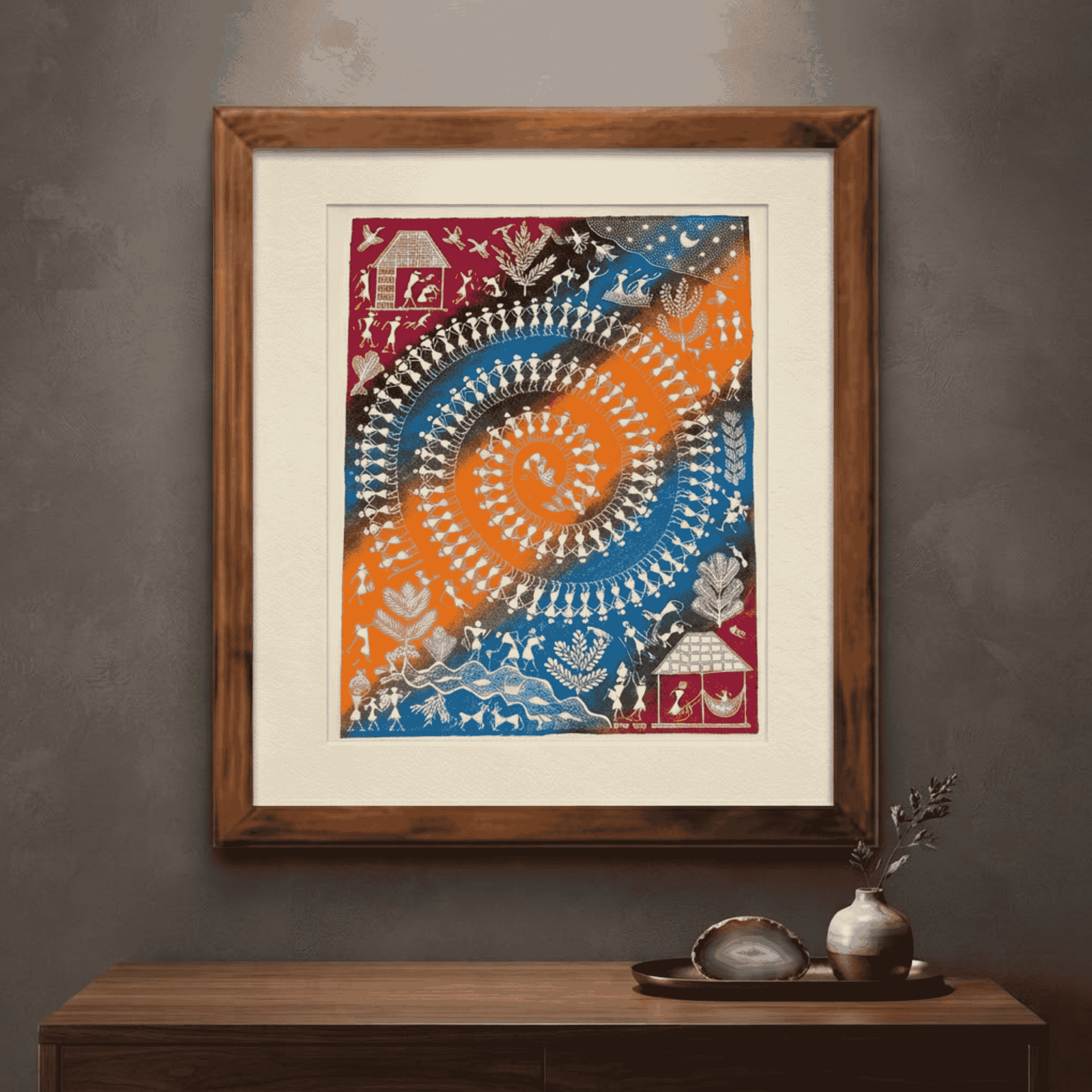 Handpainted Multi-Color Multicolor Warli Painting – Grand Tarpa Spiral Dance & Tribal Village Life Landscape alternate view