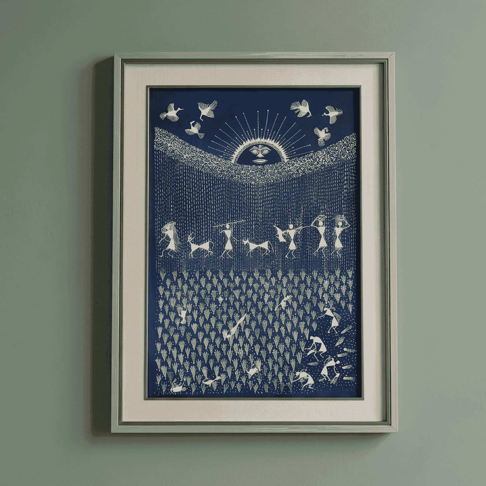 Handpainted Royal Indigo Blue Warli Painting – The Monsoon Rain & Rice Plantation Ritua