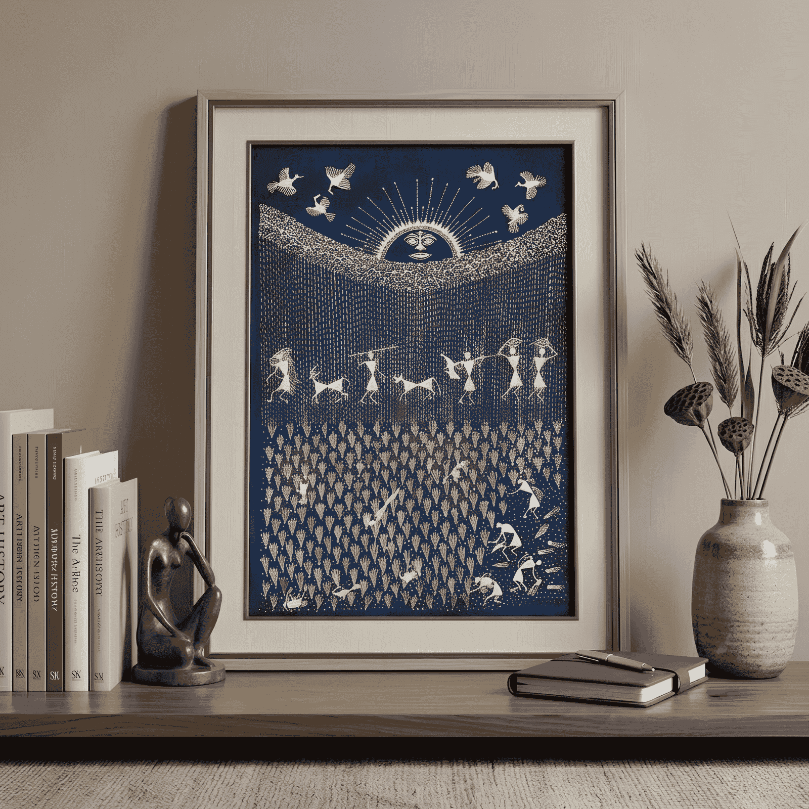 Handpainted Royal Indigo Blue Warli Painting – The Monsoon Rain & Rice Plantation Ritua alternate view