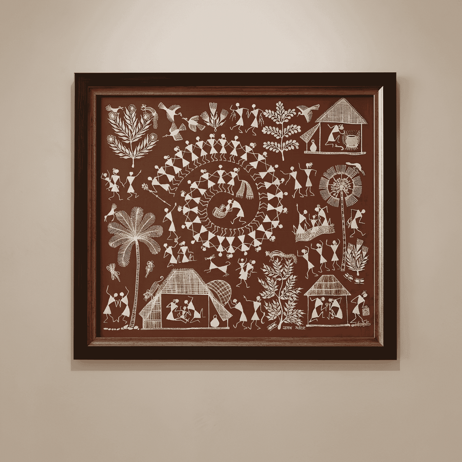 Handpainted Brick Red Warli Painting – Traditional Tarpa Dance, Village Settlement & Rural Life Chronicles
