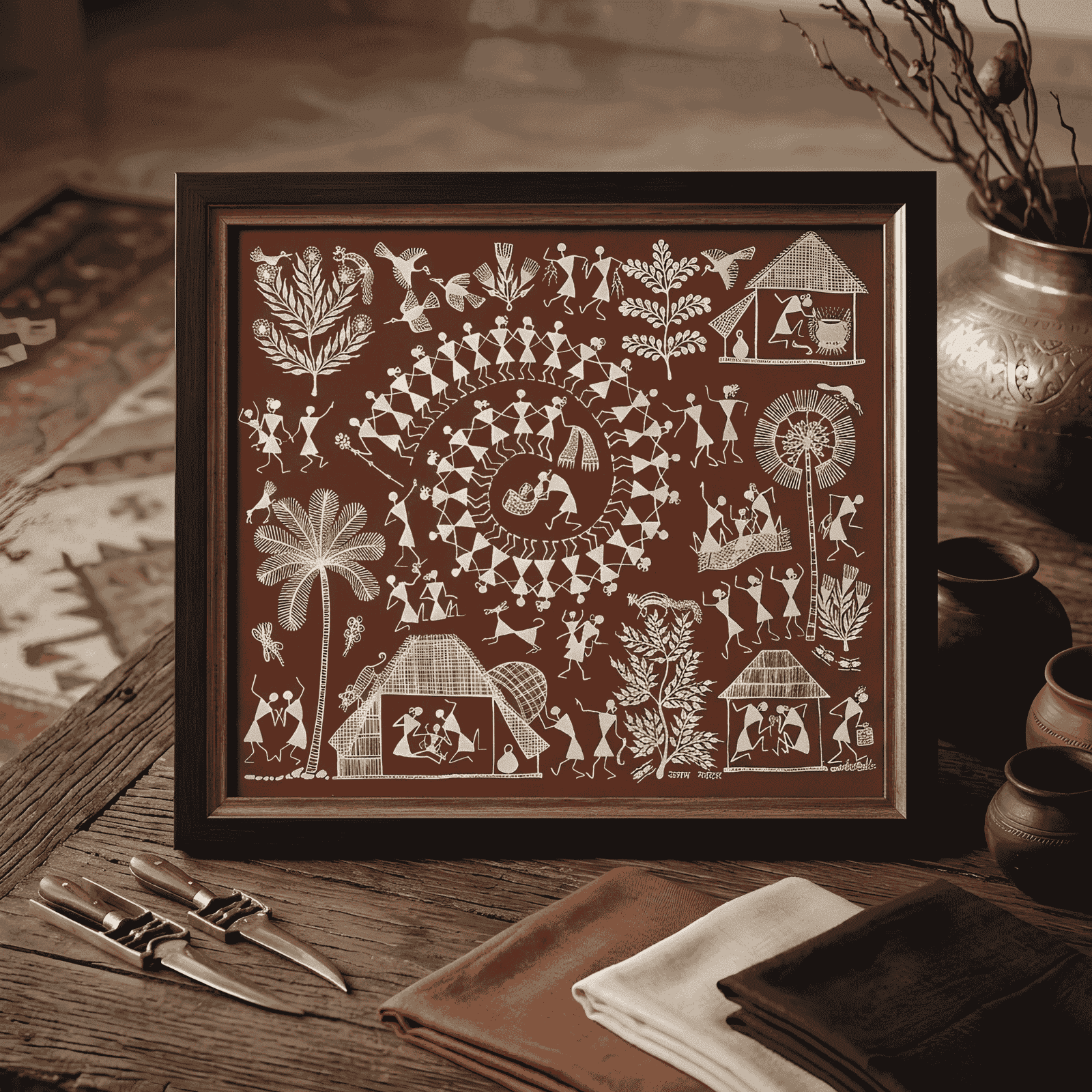 Handpainted Brick Red Warli Painting – Traditional Tarpa Dance, Village Settlement & Rural Life Chronicles alternate view