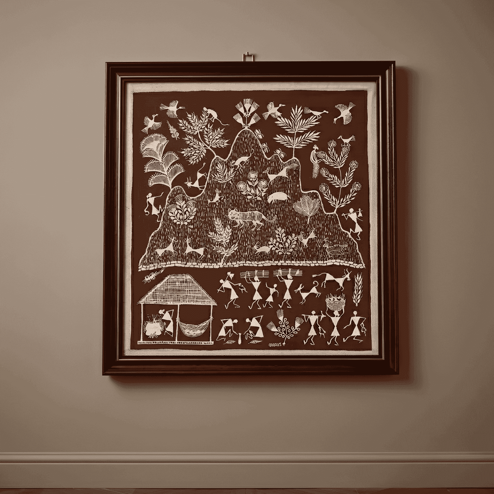 Handpainted Brick Red Warli Painting – Sacred Mountain Landscape, Wildlife Ecosystem & Tribal Life