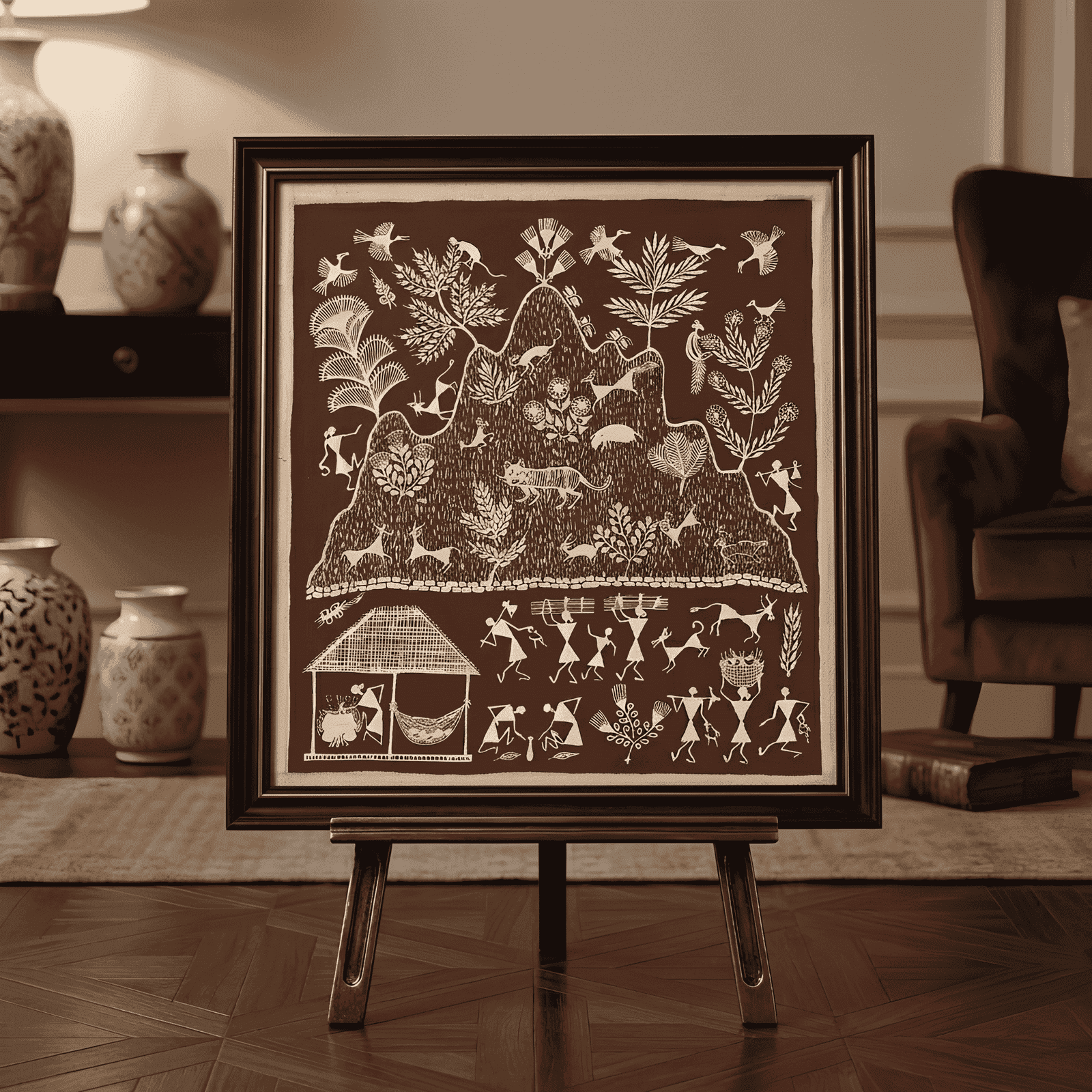 Handpainted Brick Red Warli Painting – Sacred Mountain Landscape, Wildlife Ecosystem & Tribal Life alternate view