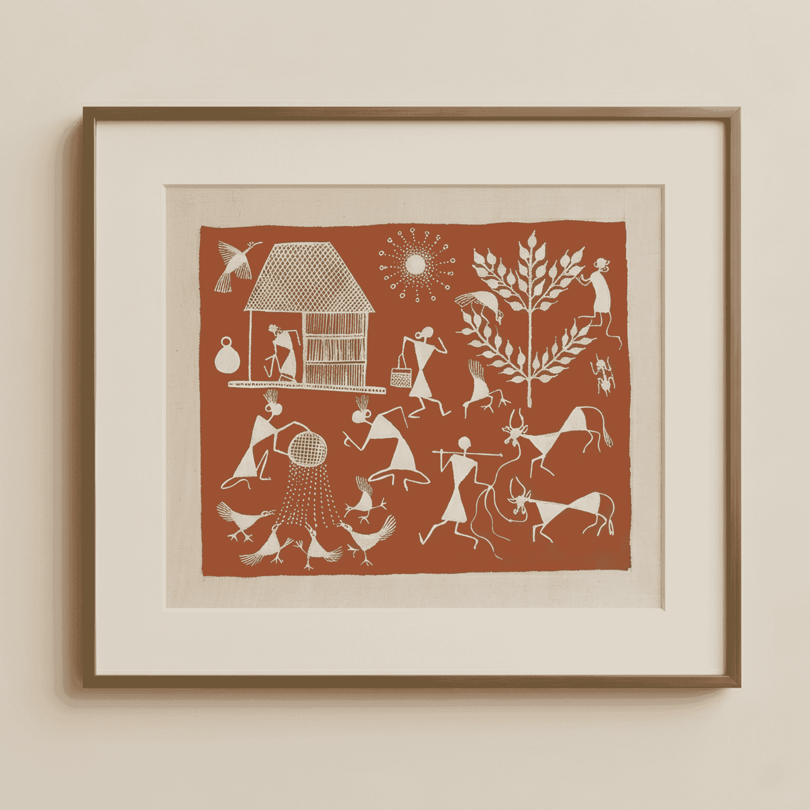 Handpainted Terracotta Rust Warli Painting – Traditional Grain Winnowing, Farming Life & Rural Homestead