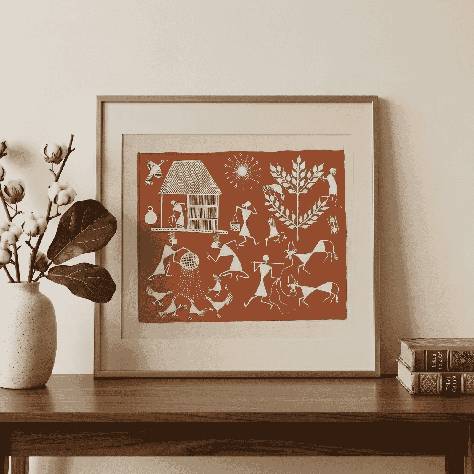 Handpainted Terracotta Rust Warli Painting – Traditional Grain Winnowing, Farming Life & Rural Homestead alternate view