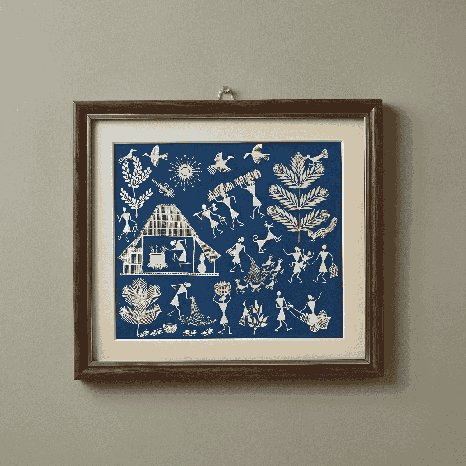 Handpainted Indigo Blue Warli Painting – Traditional Rice Threshing, Rural Homestead & Farming Life