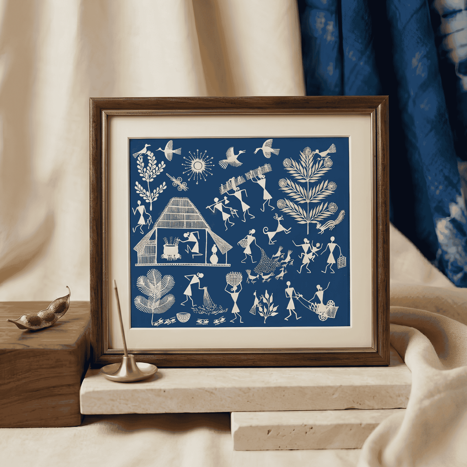 Handpainted Indigo Blue Warli Painting – Traditional Rice Threshing, Rural Homestead & Farming Life alternate view