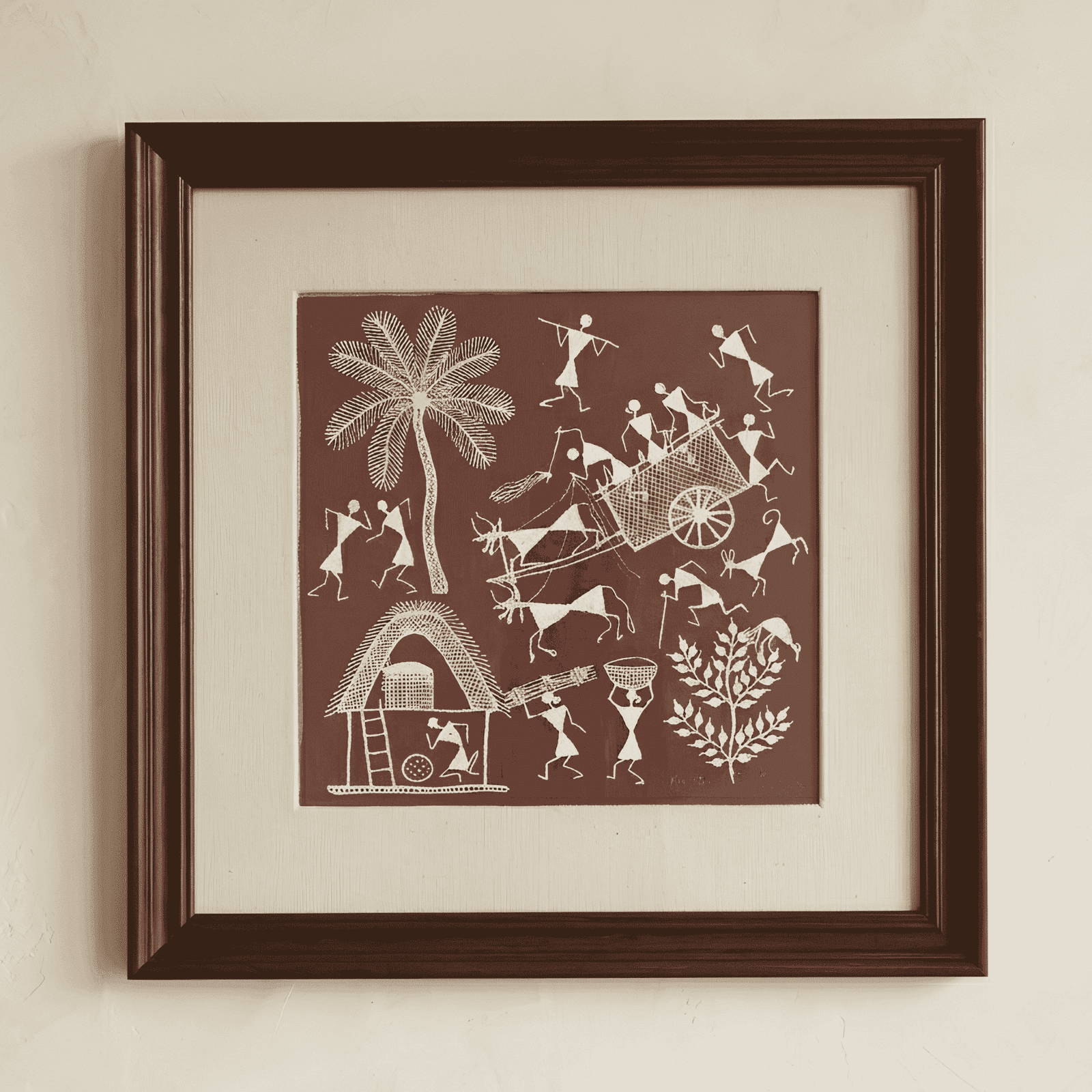 Handpainted Terracotta Clay Brown Warli Painting – Traditional Bullock Cart Journey & Village Harvest Life