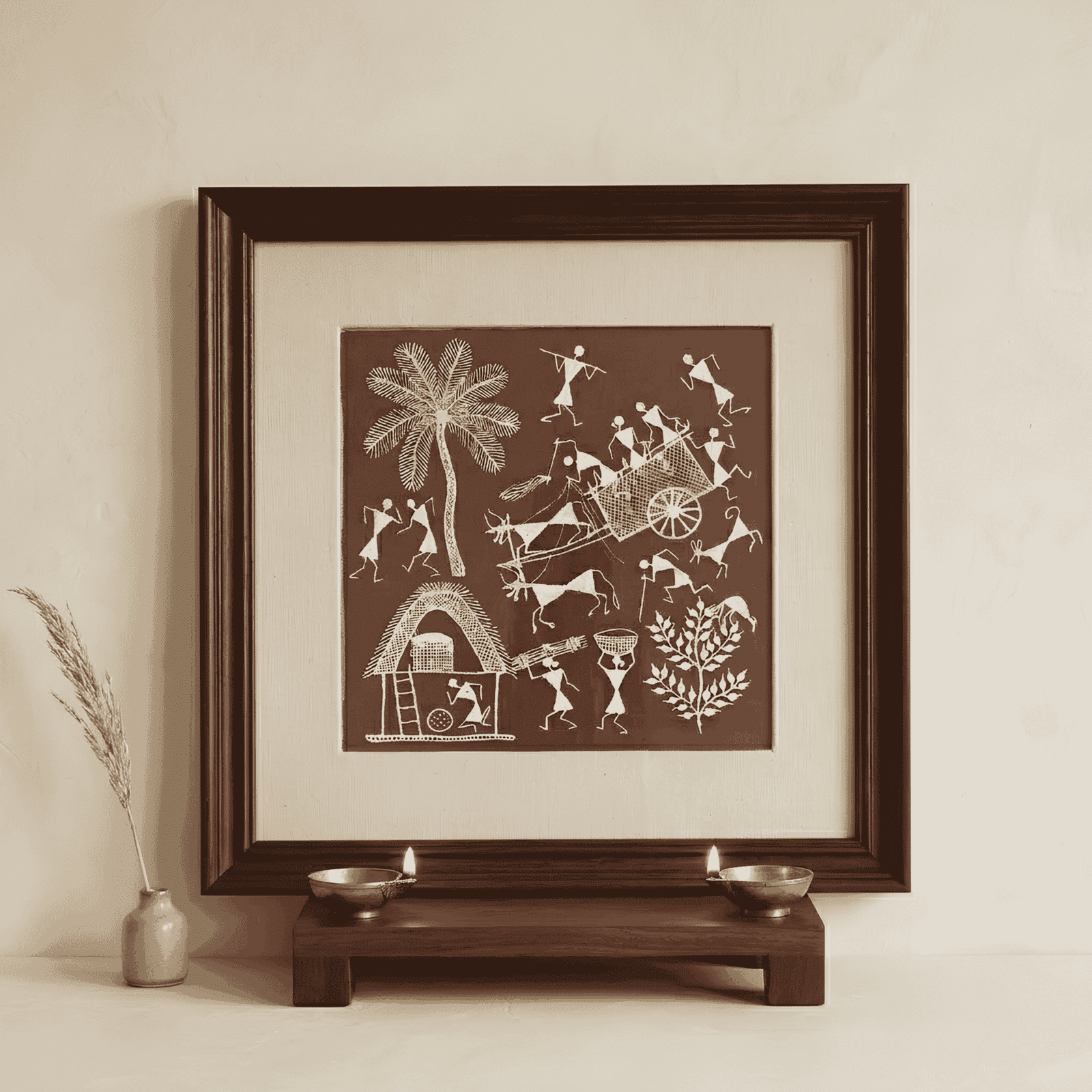 Handpainted Terracotta Clay Brown Warli Painting – Traditional Bullock Cart Journey & Village Harvest Life alternate view