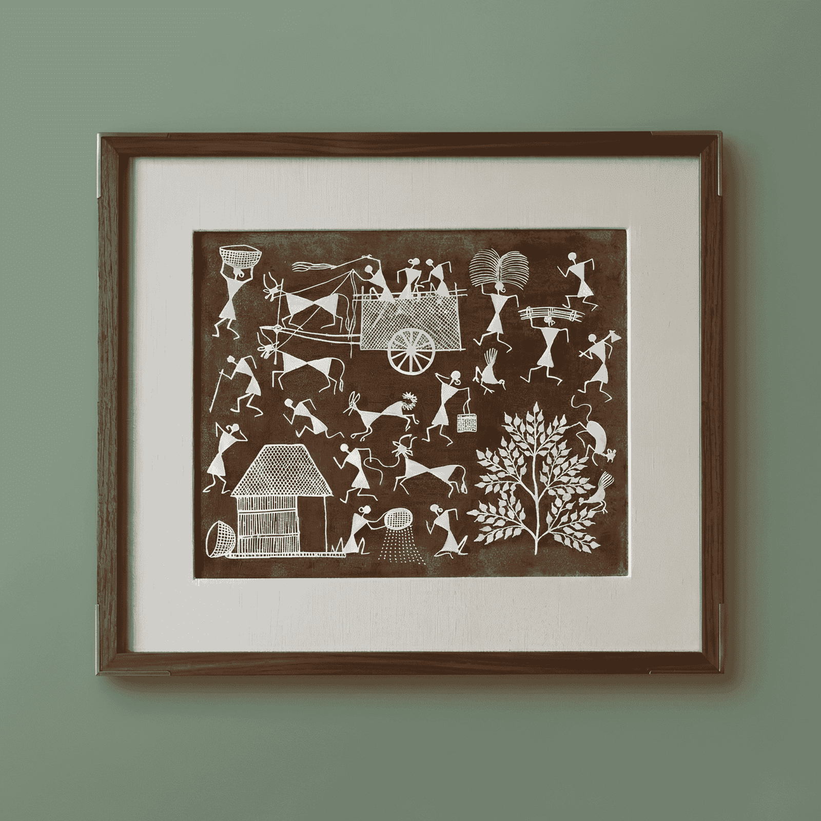 Handpainted Mud Brown Warli Painting – Traditional Bullock Cart Transit, Rice Winnowing & Tribal Village Life