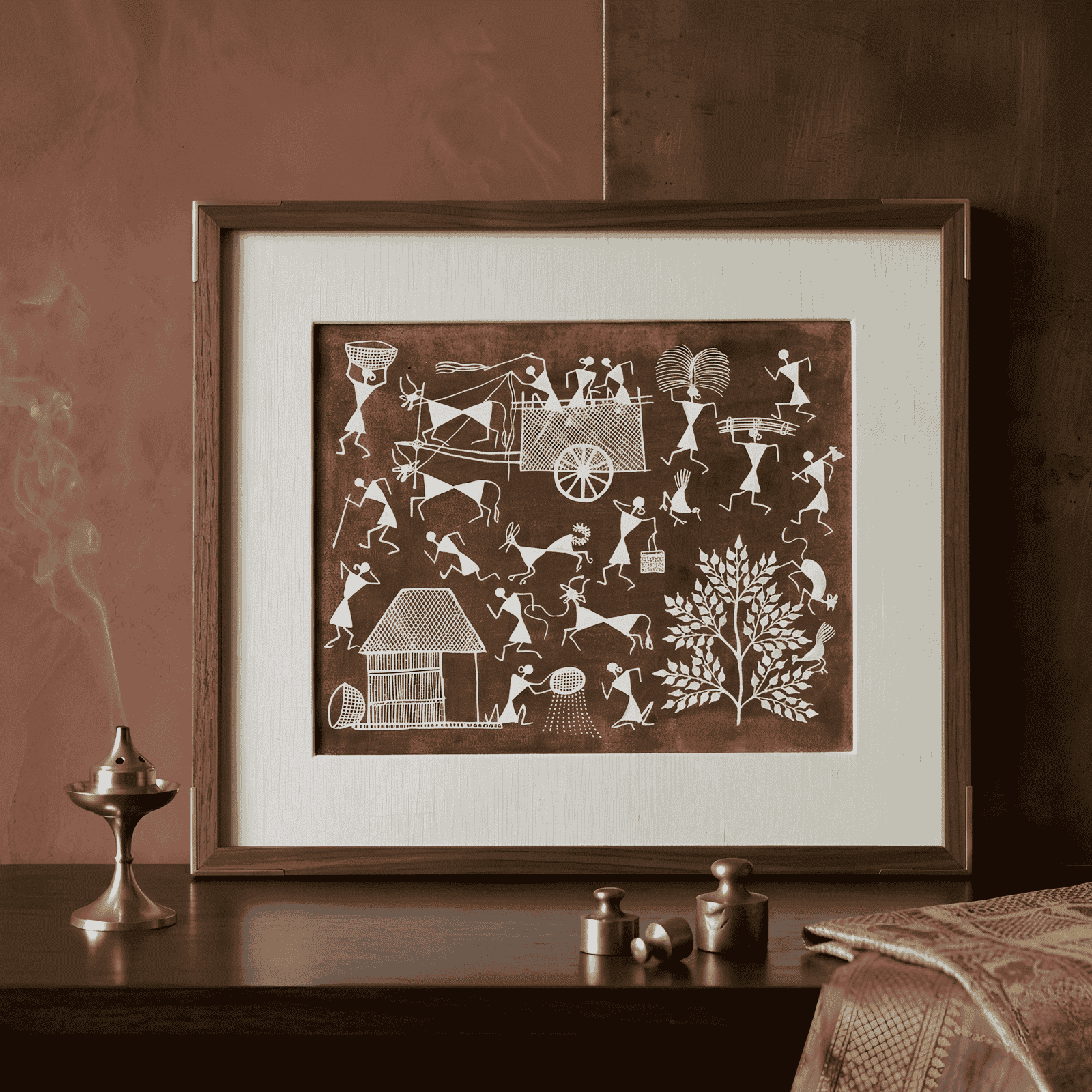 Handpainted Mud Brown Warli Painting – Traditional Bullock Cart Transit, Rice Winnowing & Tribal Village Life alternate view