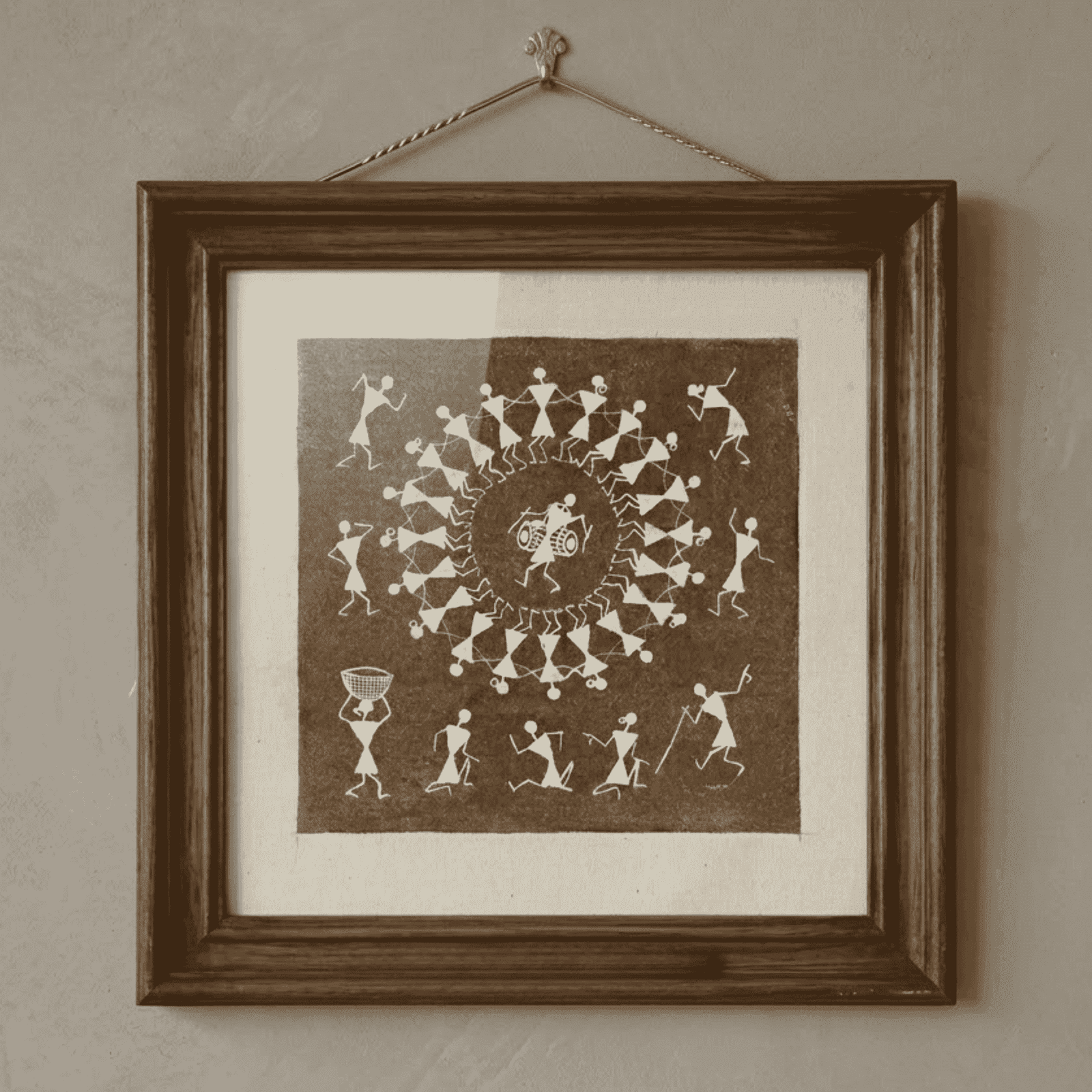 Handpainted Mud Brown Warli Painting – Traditional Tarpa Spiral Dance & Tribal Circle Celebration