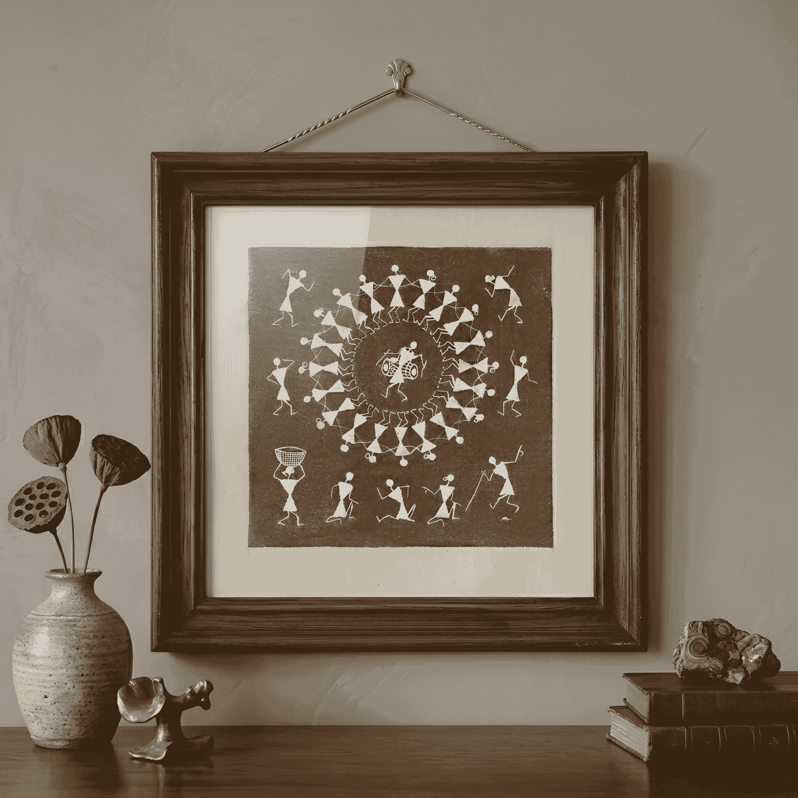 Handpainted Mud Brown Warli Painting – Traditional Tarpa Spiral Dance & Tribal Circle Celebration alternate view