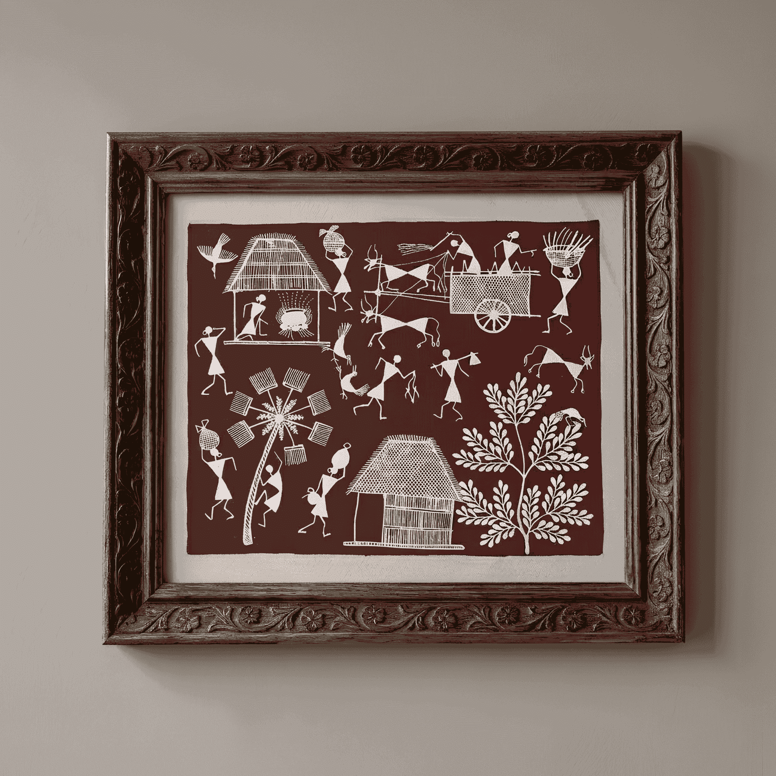 Handpainted Brick Red Warli Painting – Traditional Bullock Cart Harvest, Rural Village Homesteads & Toddy Tapping