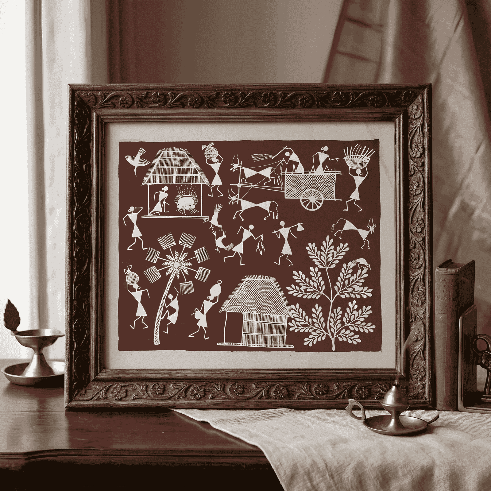 Handpainted Brick Red Warli Painting – Traditional Bullock Cart Harvest, Rural Village Homesteads & Toddy Tapping alternate view