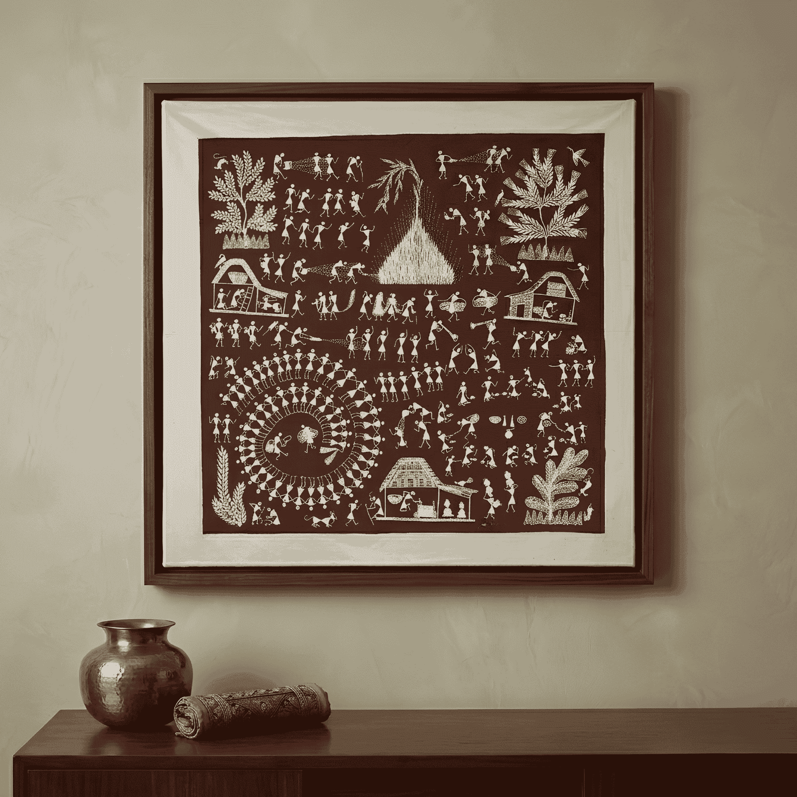Authentic Warli Tarpa Dance Painting by Sanjay Parhad – Traditional Indian Tribal Village Life Canvas Art alternate view