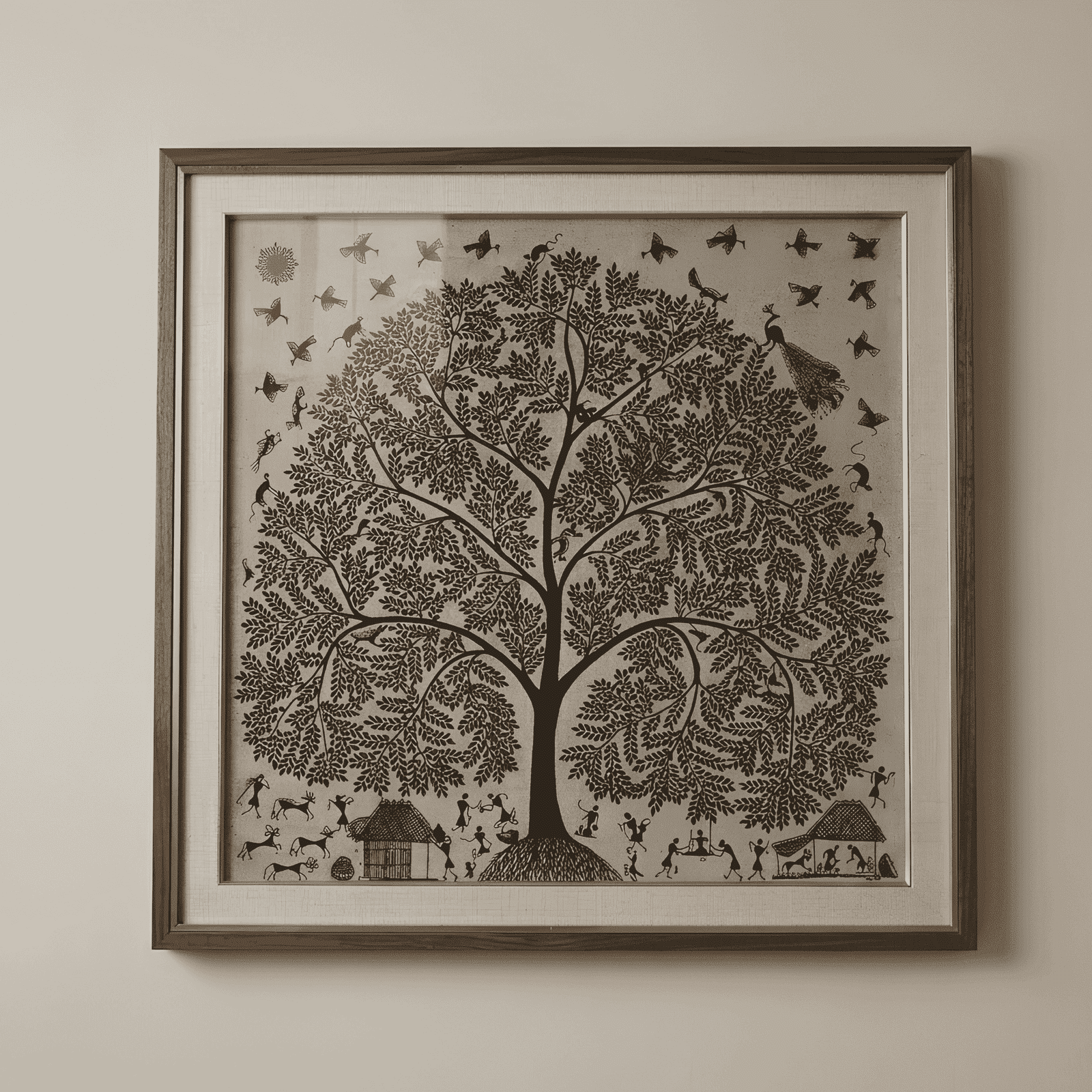 Authentic Warli Tree of Life Painting by Sanjay Parhad – Monochrome Black and Grey Traditional Tribal Canvas Art