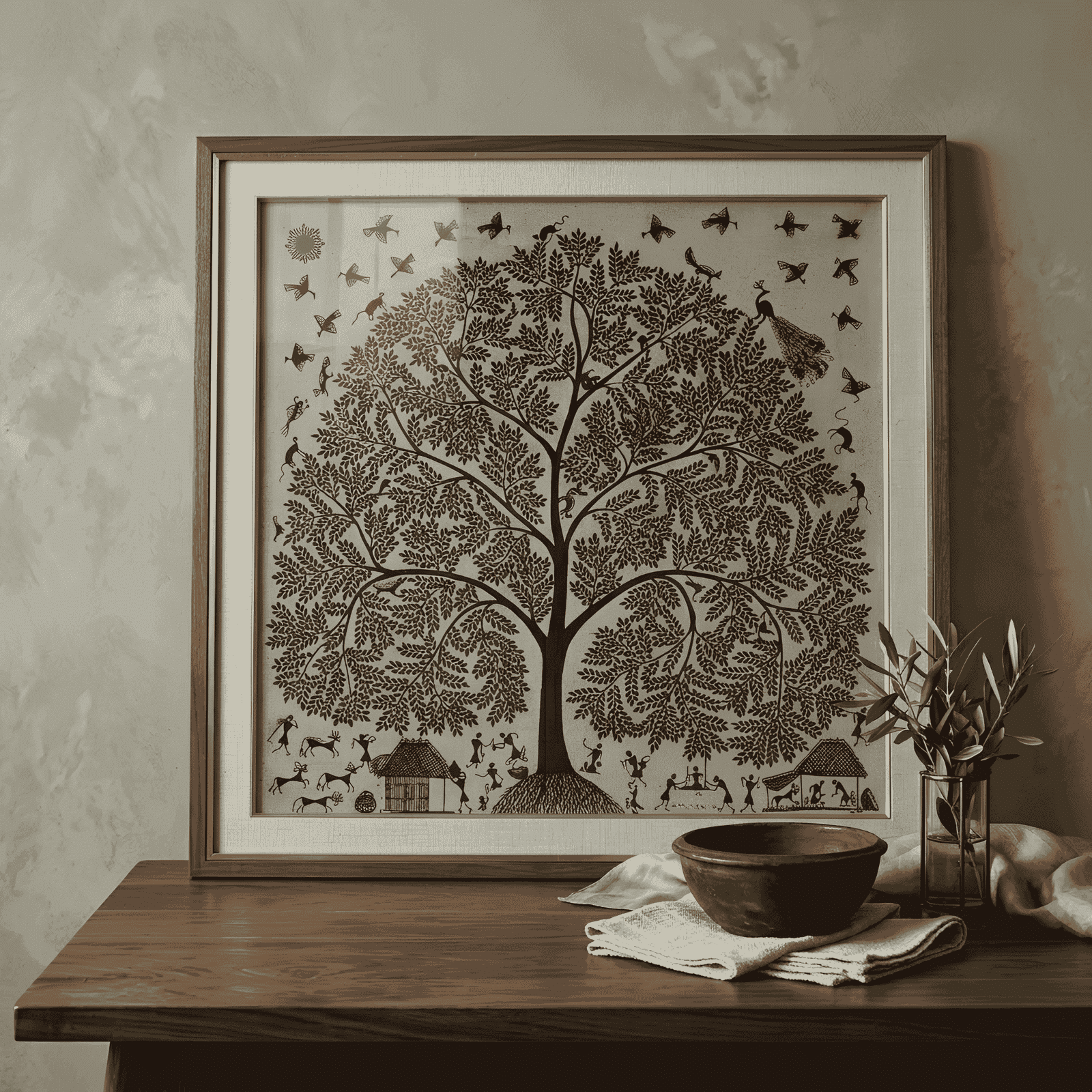 Authentic Warli Tree of Life Painting by Sanjay Parhad – Monochrome Black and Grey Traditional Tribal Canvas Art alternate view