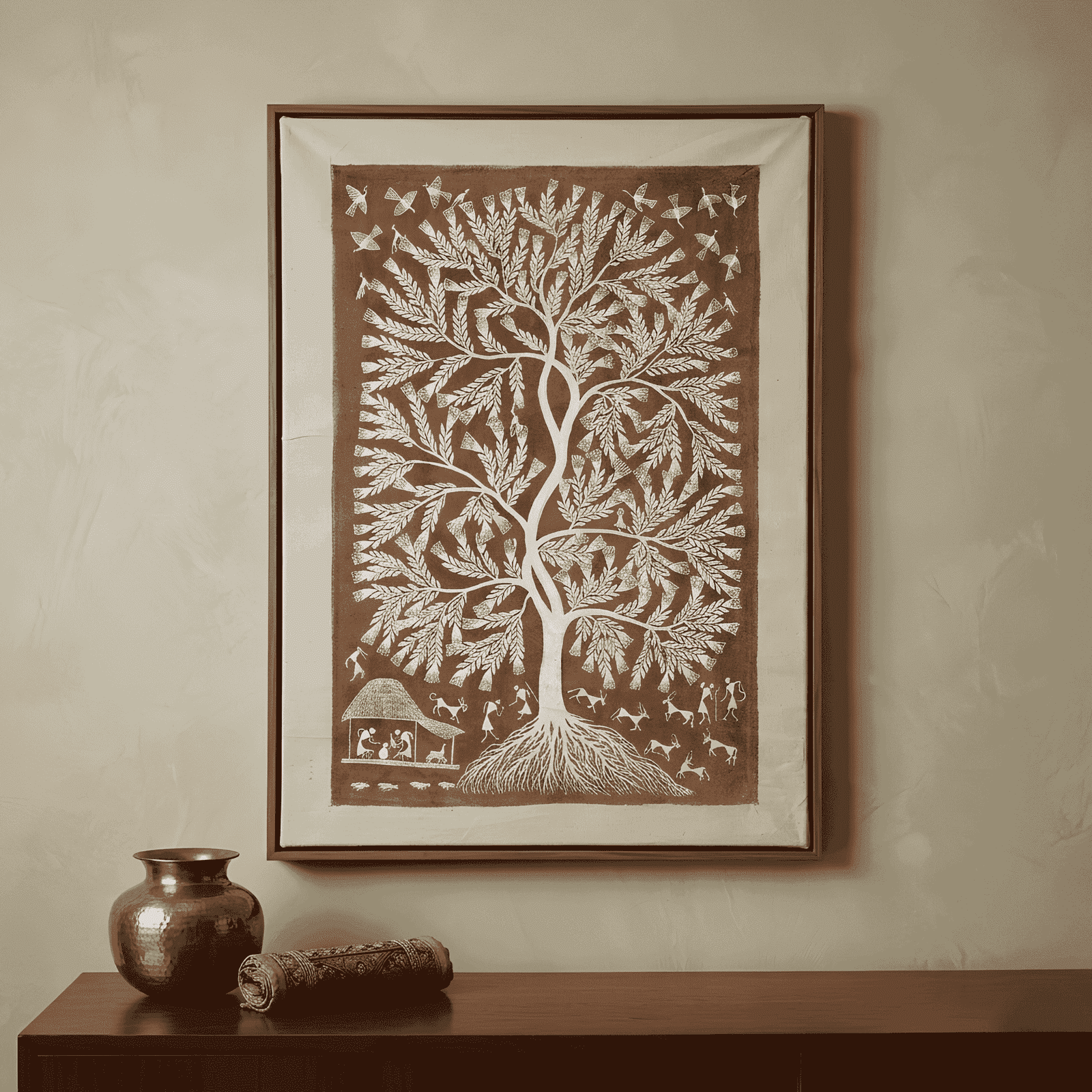 Authentic Warli Tree of Life Canvas Painting by Sanjay Parhad – Traditional Indian Tribal Wall Art alternate view