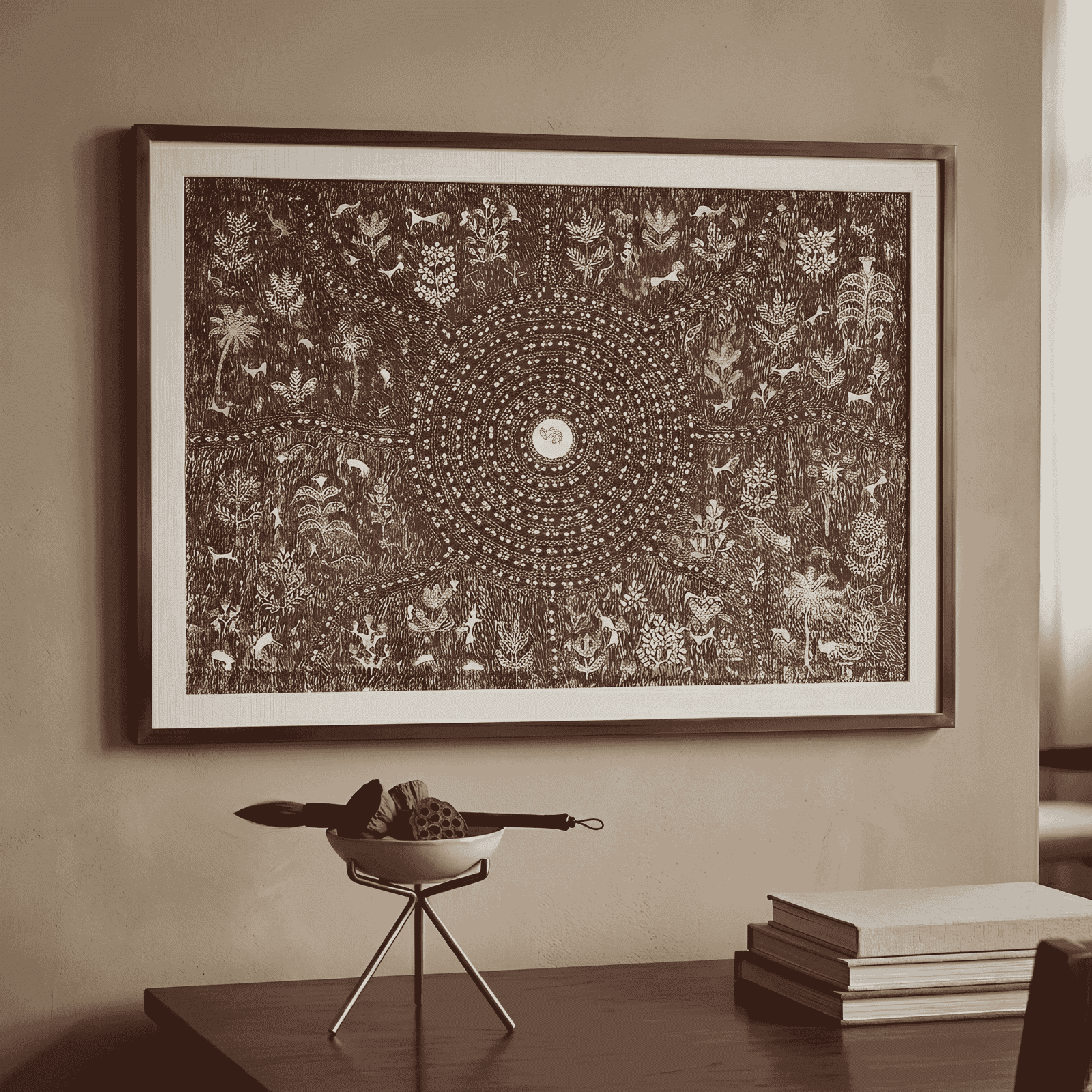 Authentic Warli Sacred Spiral & Jungle Forest Painting alternate view