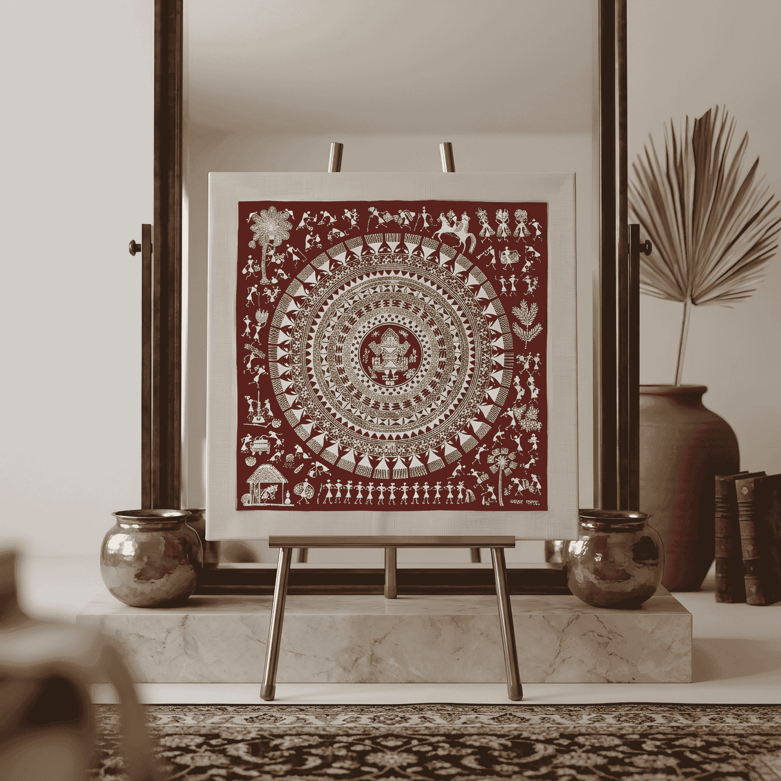 Authentic Warli Tree of Life & Spiraling Bird Flock alternate view