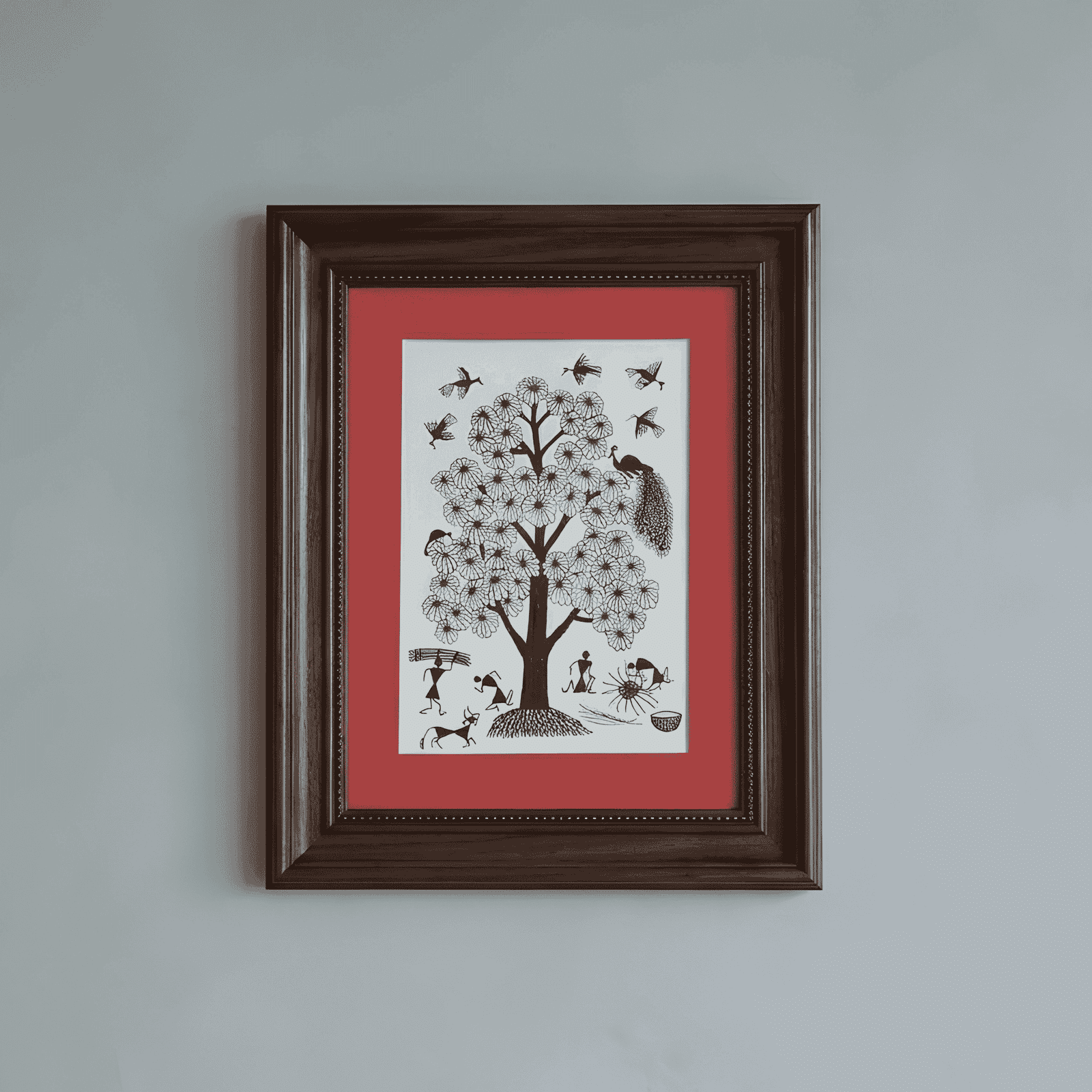 Handmade Warli Art Painting - Tree of Life with Tribal Village Life