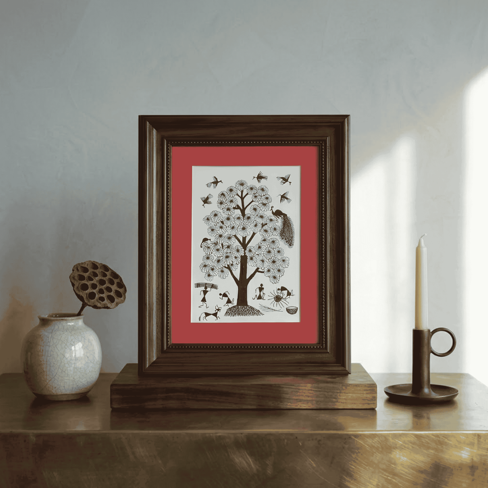 Handmade Warli Art Painting - Tree of Life with Tribal Village Life alternate view