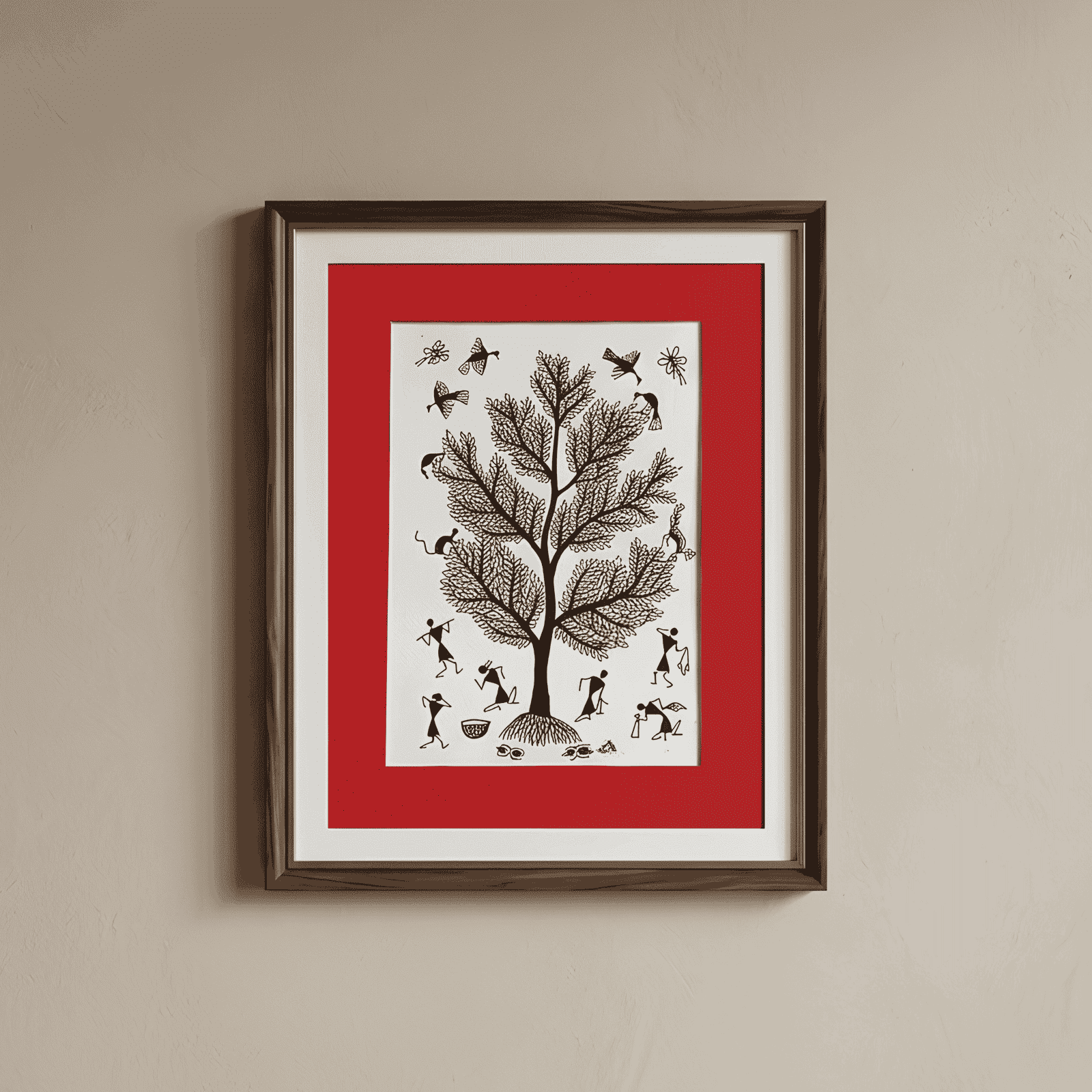 Original Warli Tribal Painting - Sacred Tree with Village Life and Animals