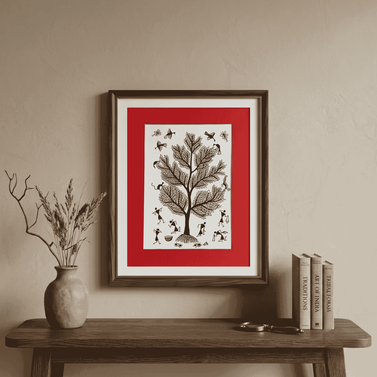 Original Warli Tribal Painting - Sacred Tree with Village Life and Animals alternate view