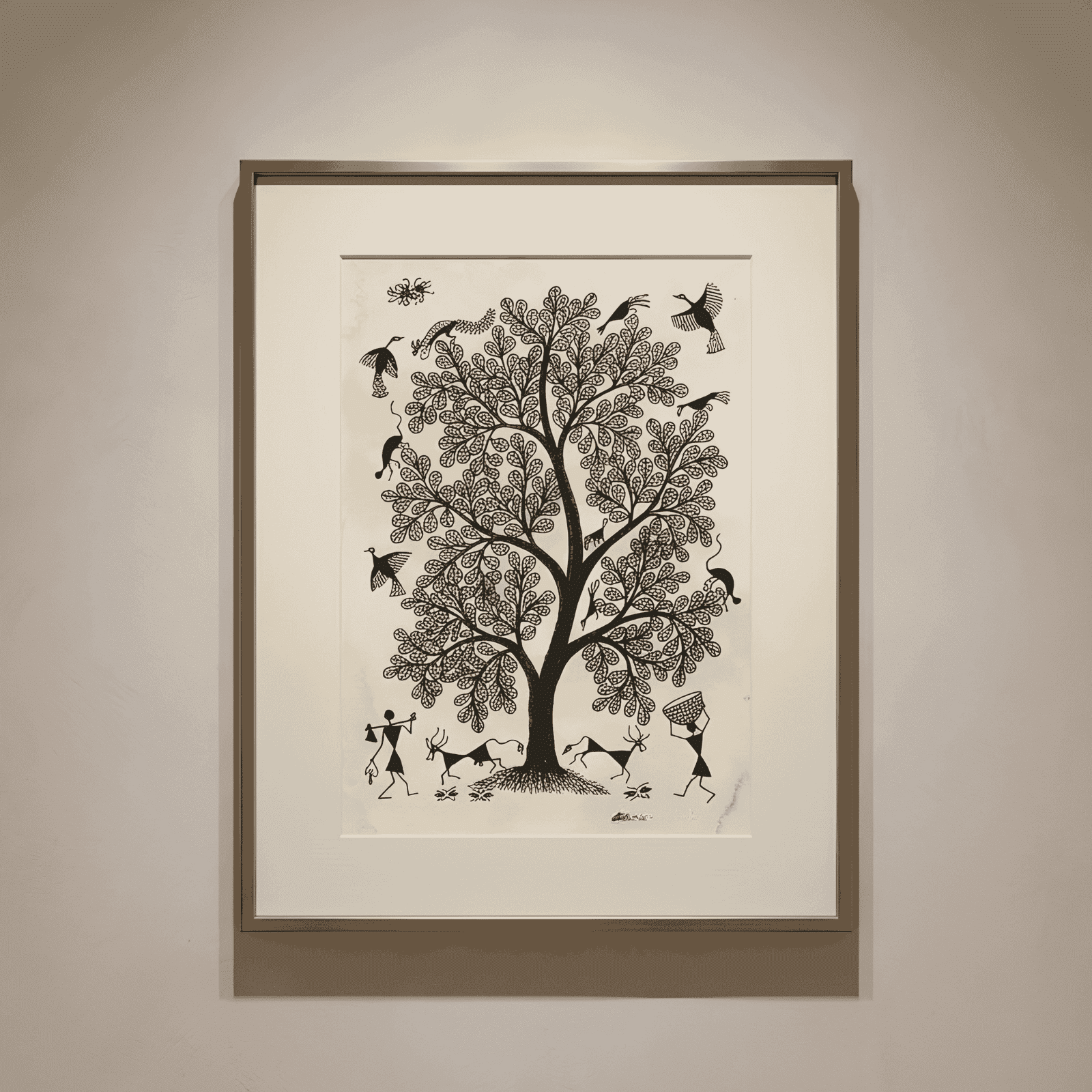 Original Warli Tribal Painting - Sacred Tree with Village Life and Animals