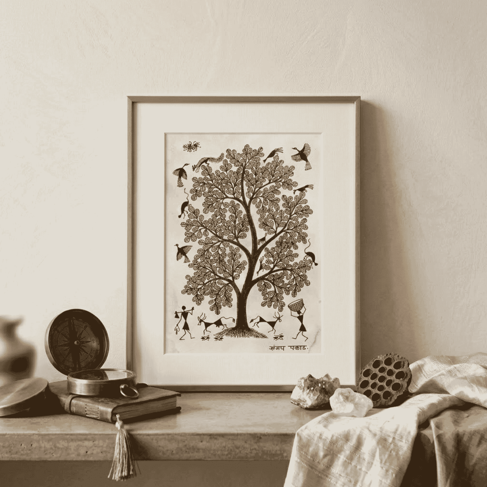 Original Warli Tribal Painting - Sacred Tree with Village Life and Animals alternate view
