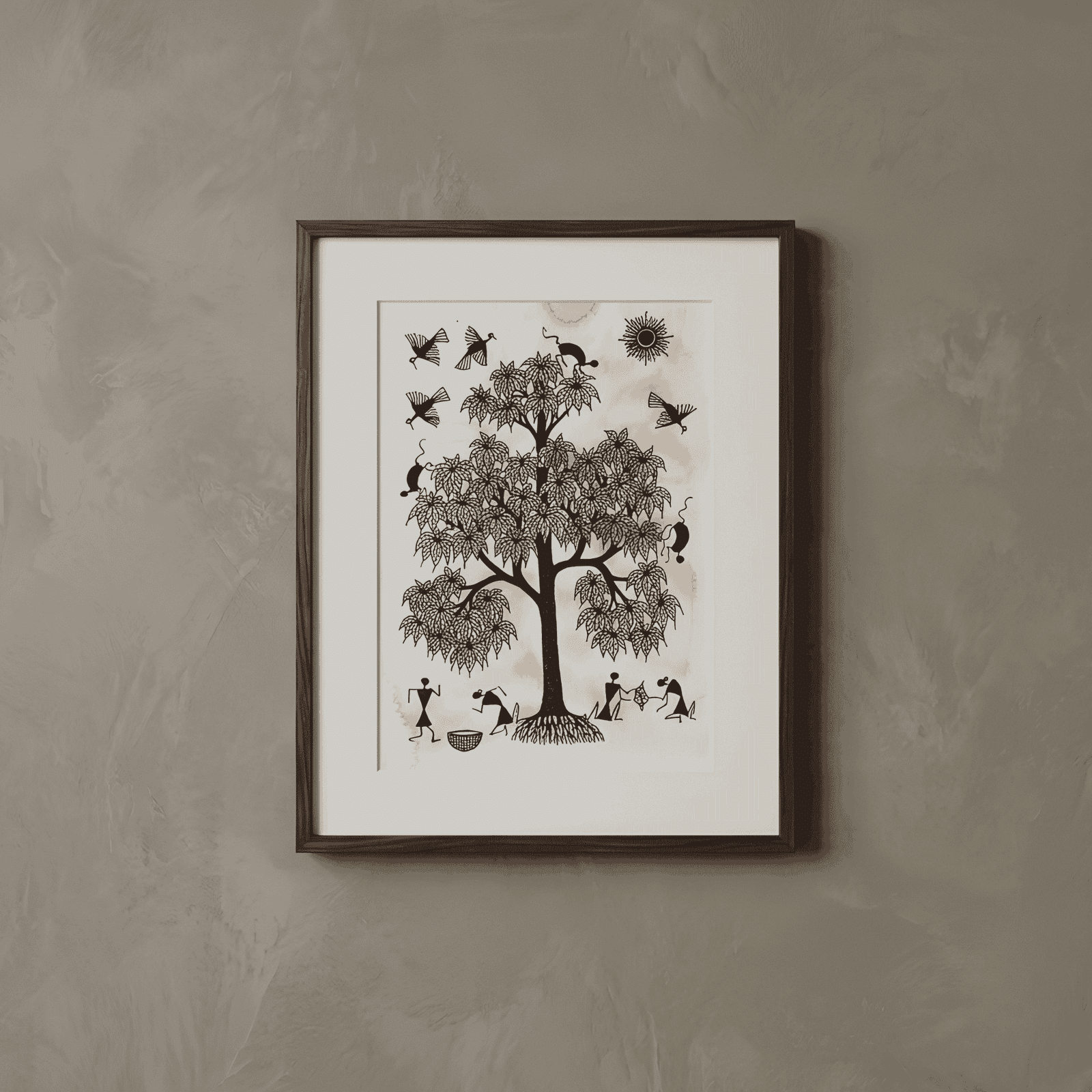 Hand-Painted Warli Tribal Art – Tree of Life & Village Harvest Wall Painting