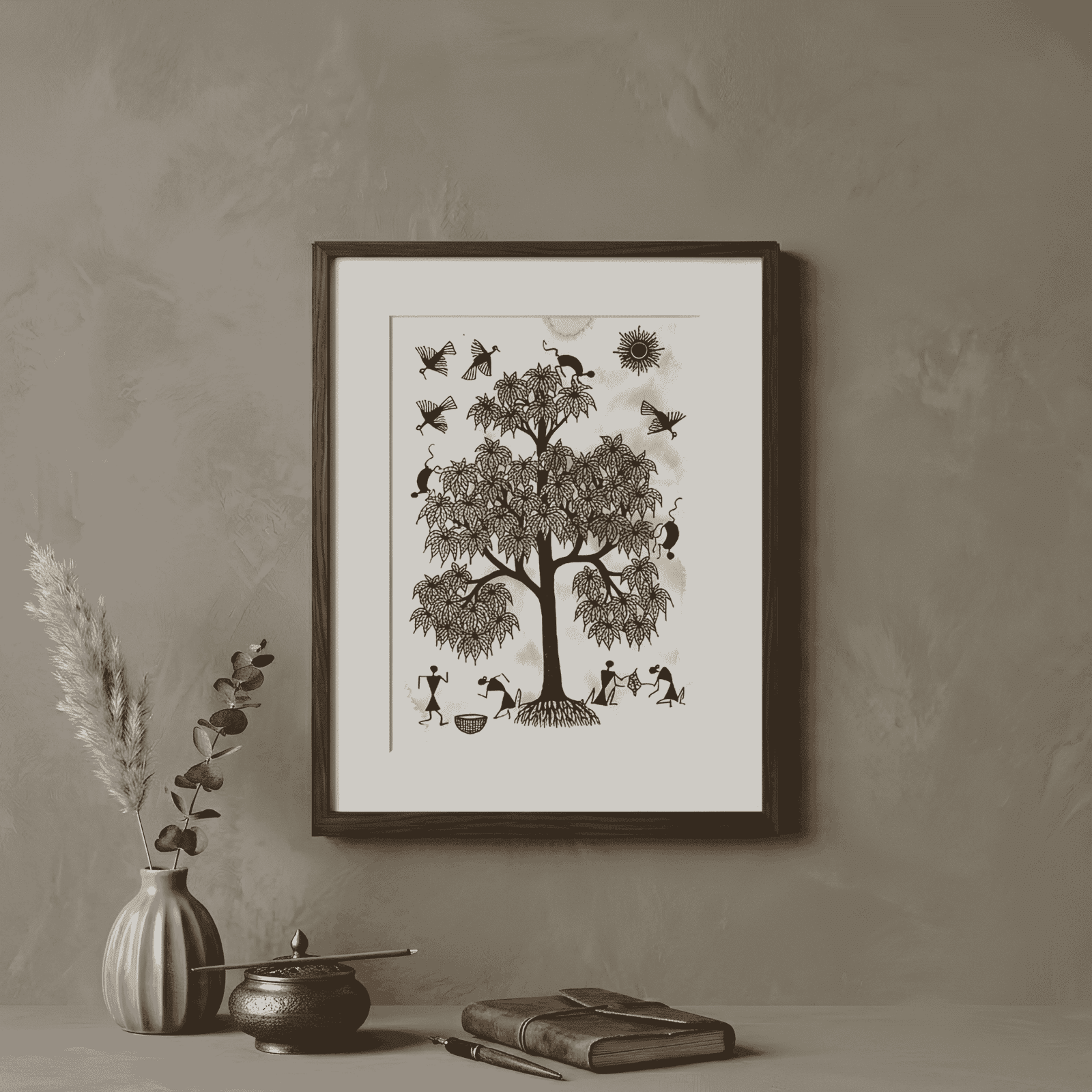 Hand-Painted Warli Tribal Art – Tree of Life & Village Harvest Wall Painting alternate view