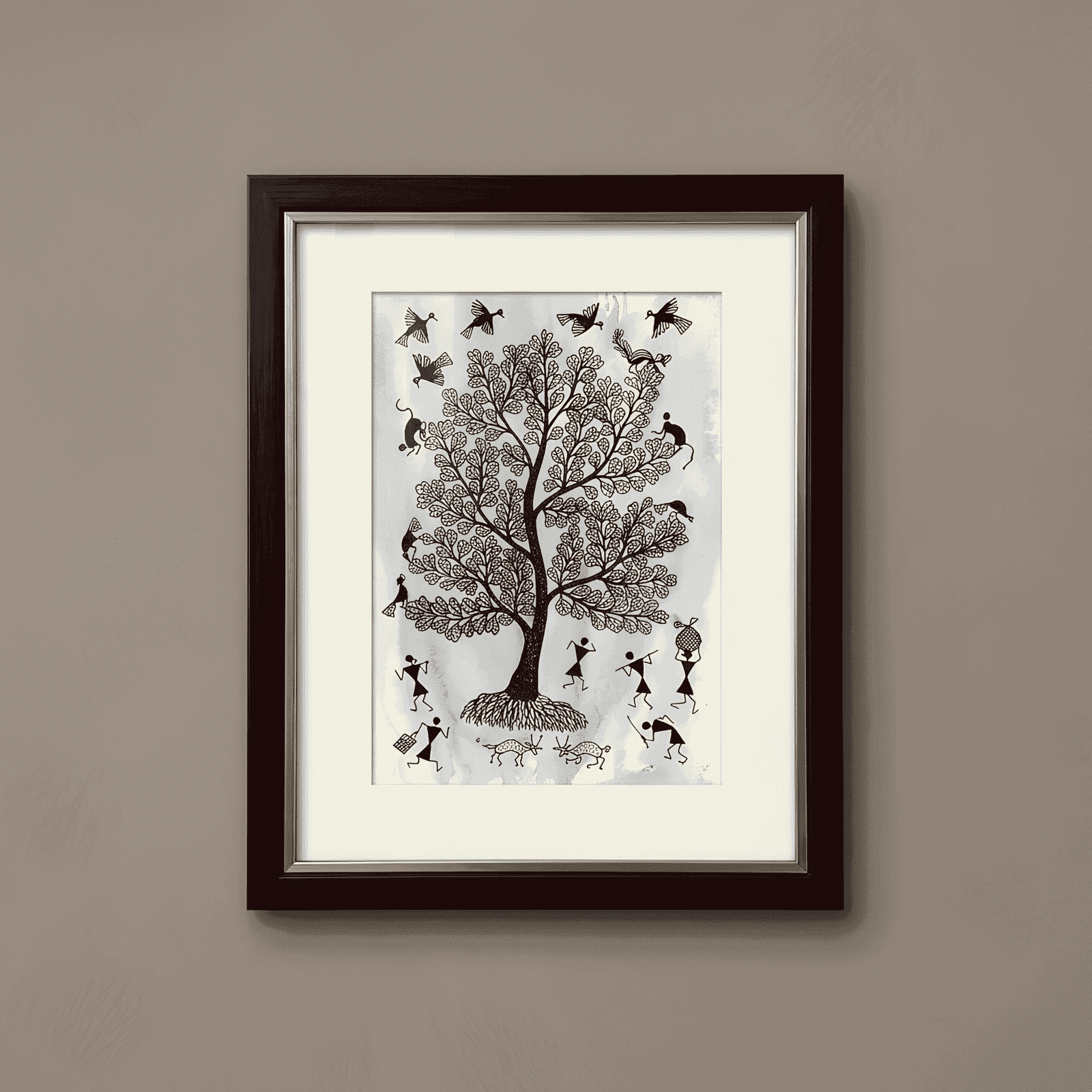 Hand-Painted Warli Tribal Art – Earthy Tree of Life & Village Daily Life Painting