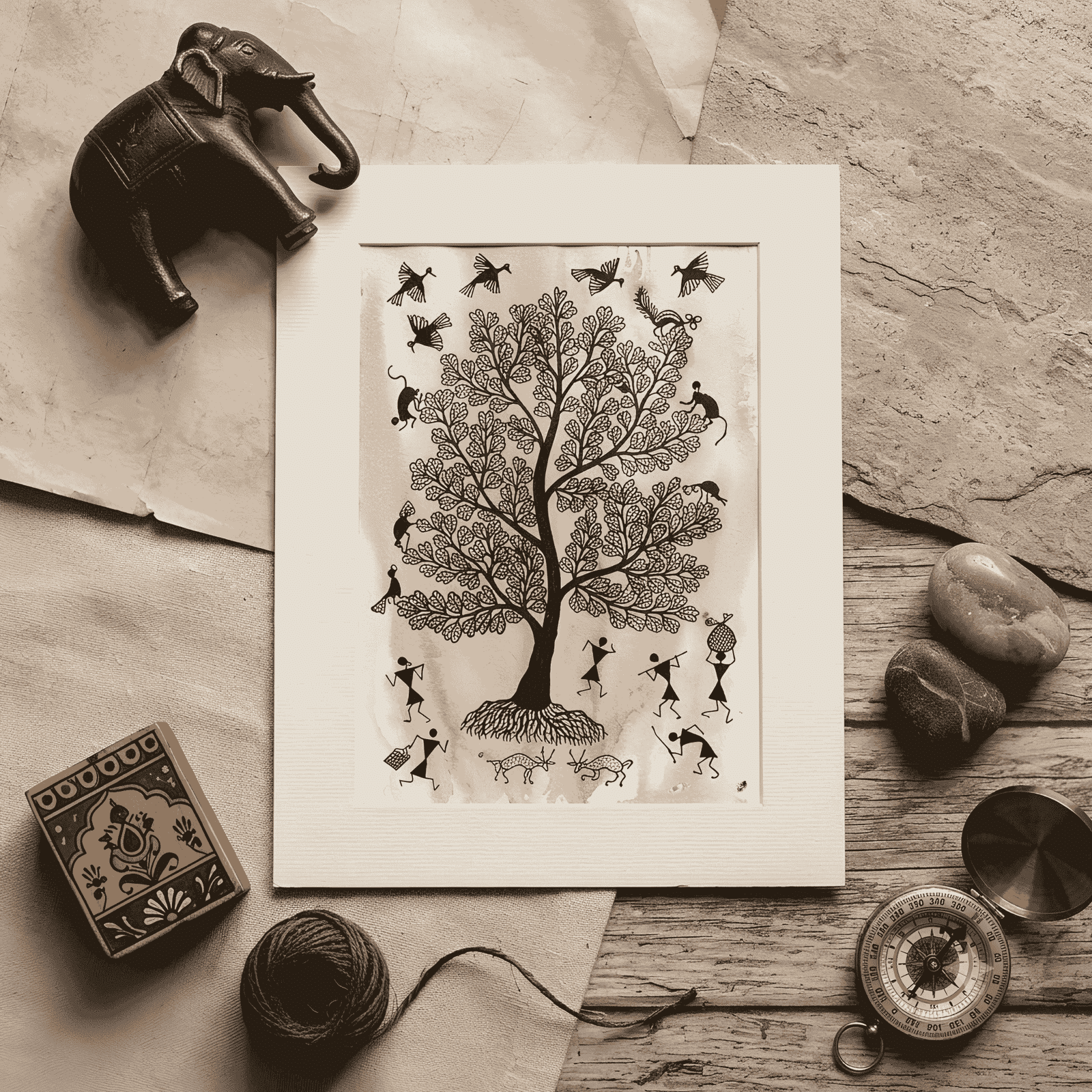 Hand-Painted Warli Tribal Art – Earthy Tree of Life & Village Daily Life Painting alternate view