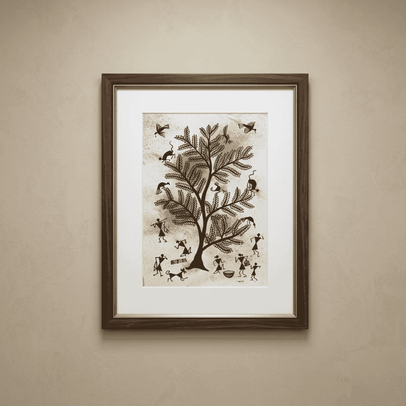 Hand-Painted Warli Tribal Art – Sacred Tree of Life with Peacock Wall Painting