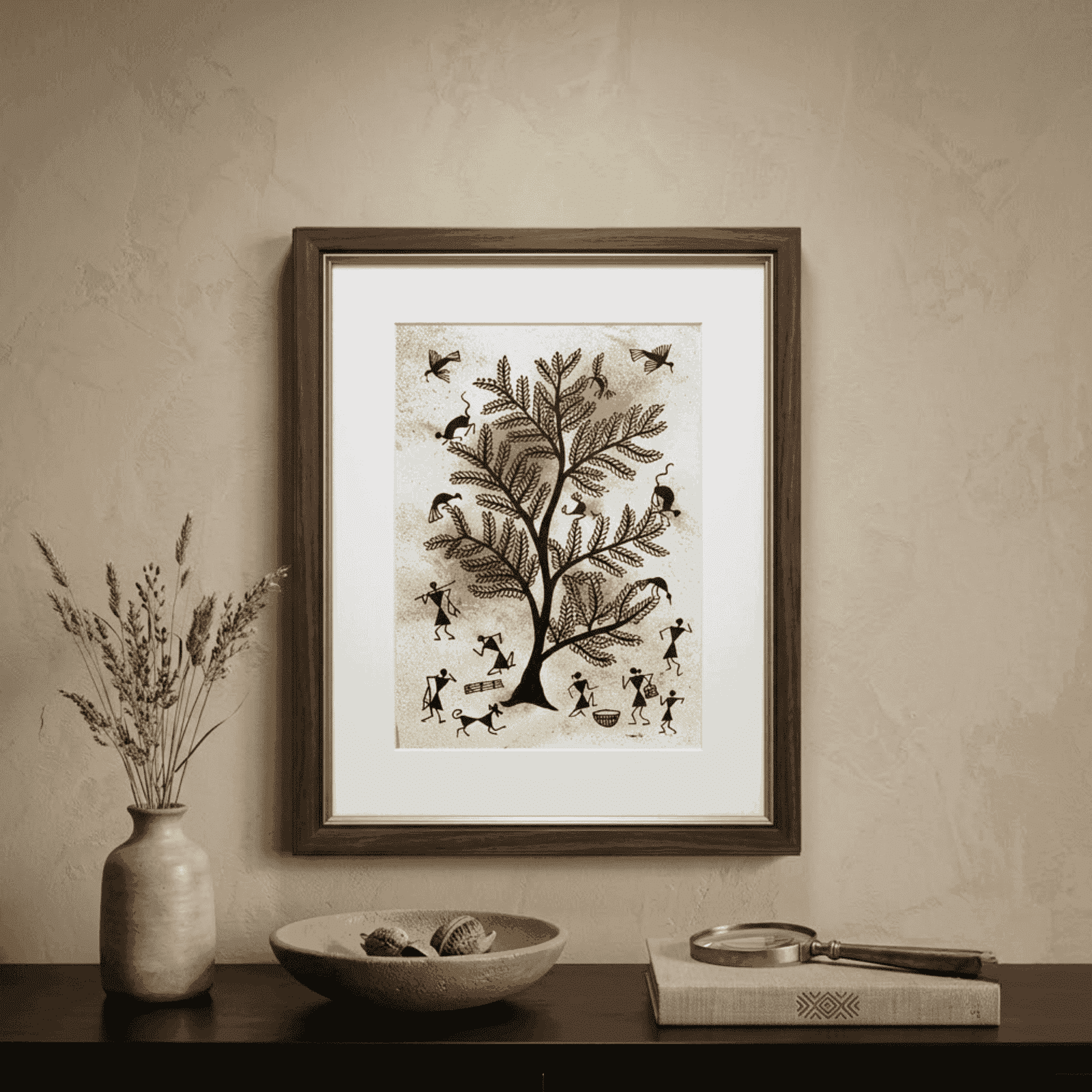 Hand-Painted Warli Tribal Art – Sacred Tree of Life with Peacock Wall Painting alternate view