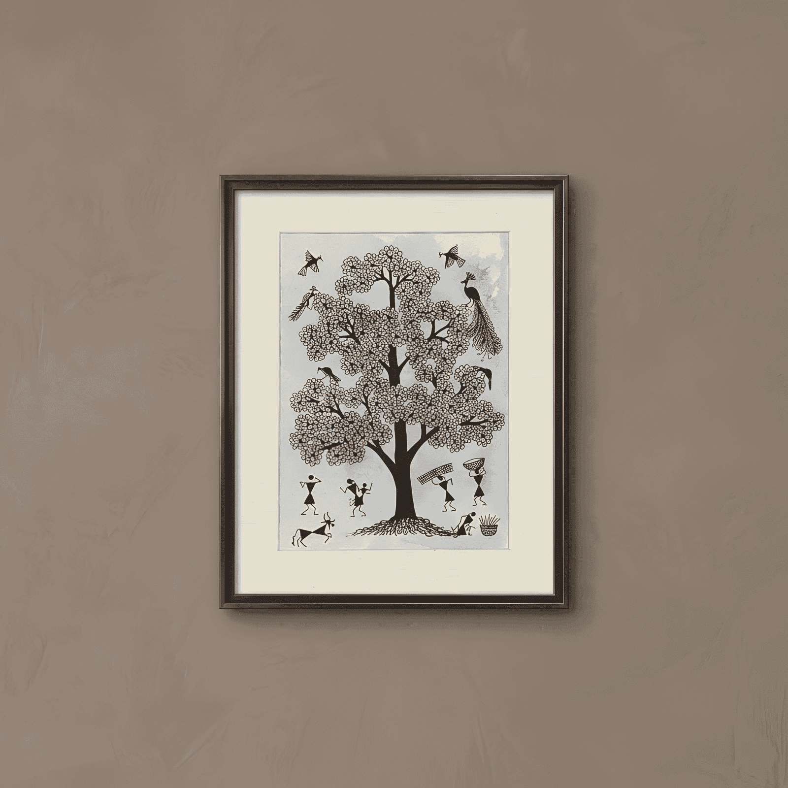 Hand-Painted Warli Tribal Art – Tree of Life & Traditional Village Hut Painting