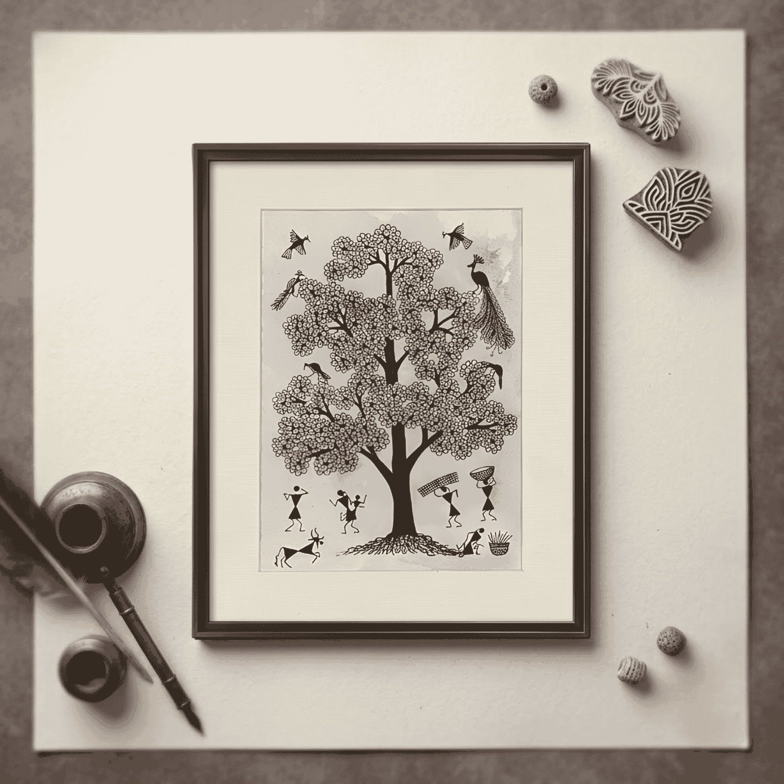 Hand-Painted Warli Tribal Art – Tree of Life & Traditional Village Hut Painting alternate view