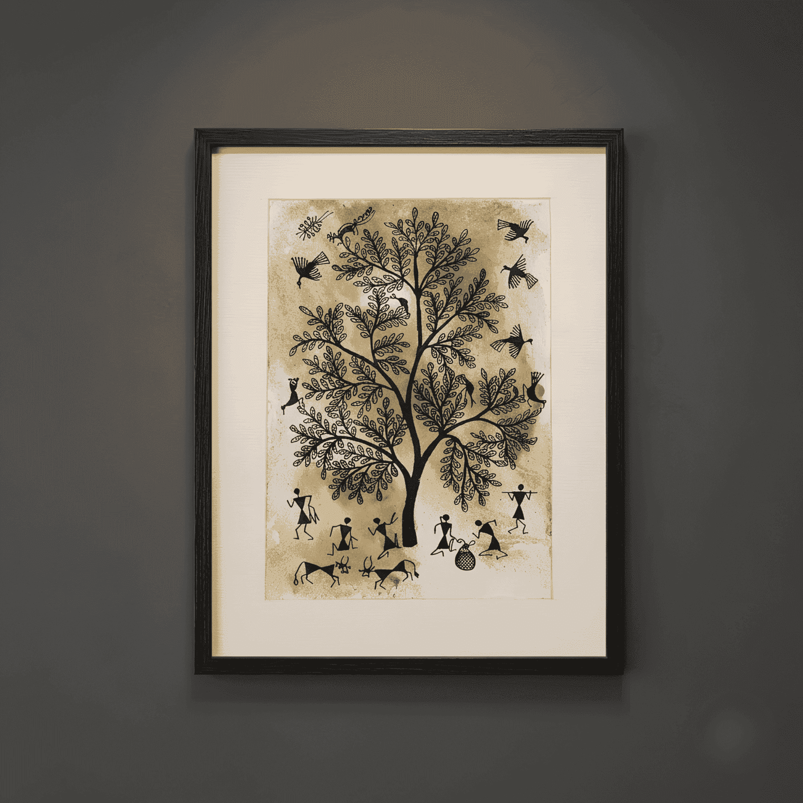 Hand-Painted Warli Tribal Art – Earthy Tree of Life & Village Harvest Scene