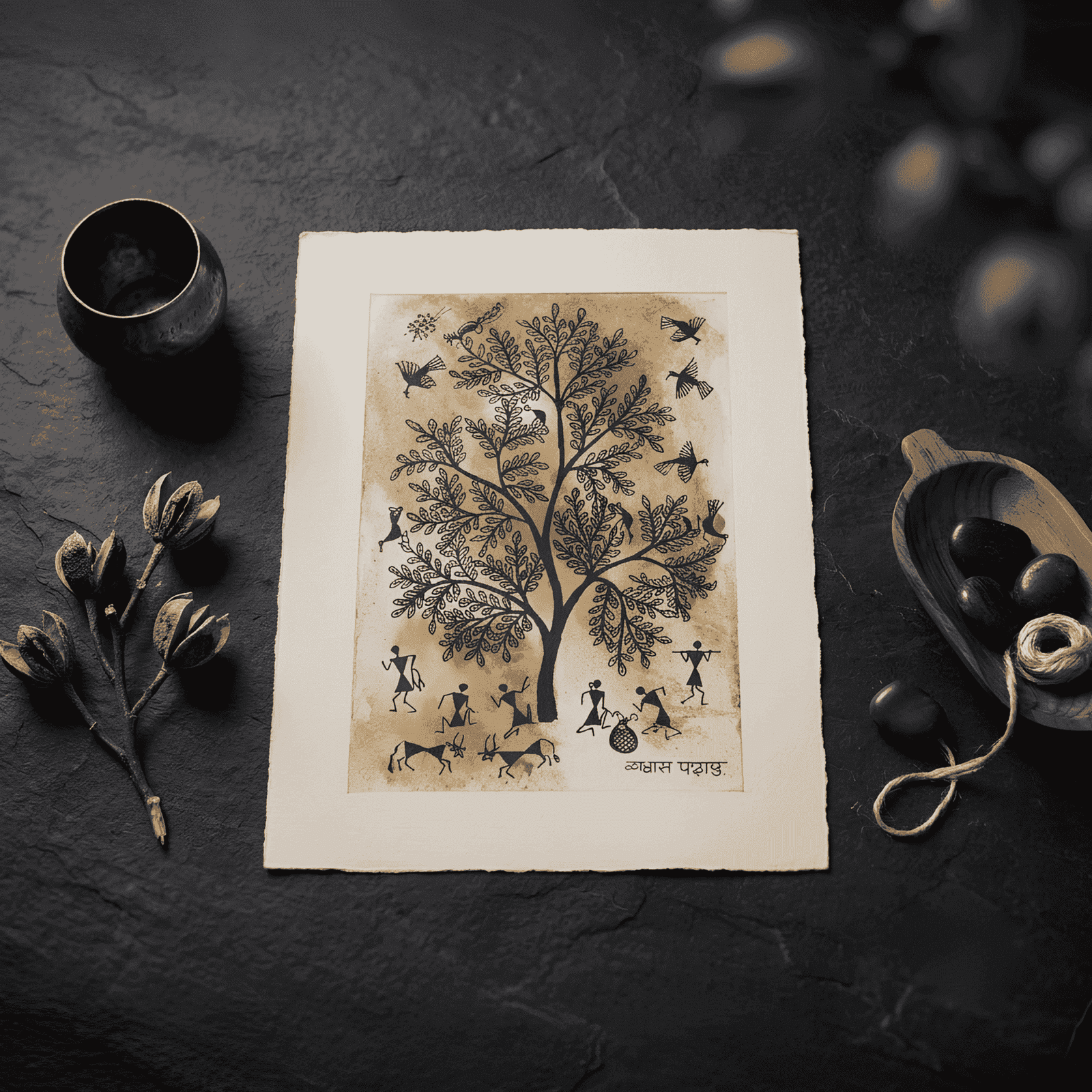 Hand-Painted Warli Tribal Art – Earthy Tree of Life & Village Harvest Scene alternate view