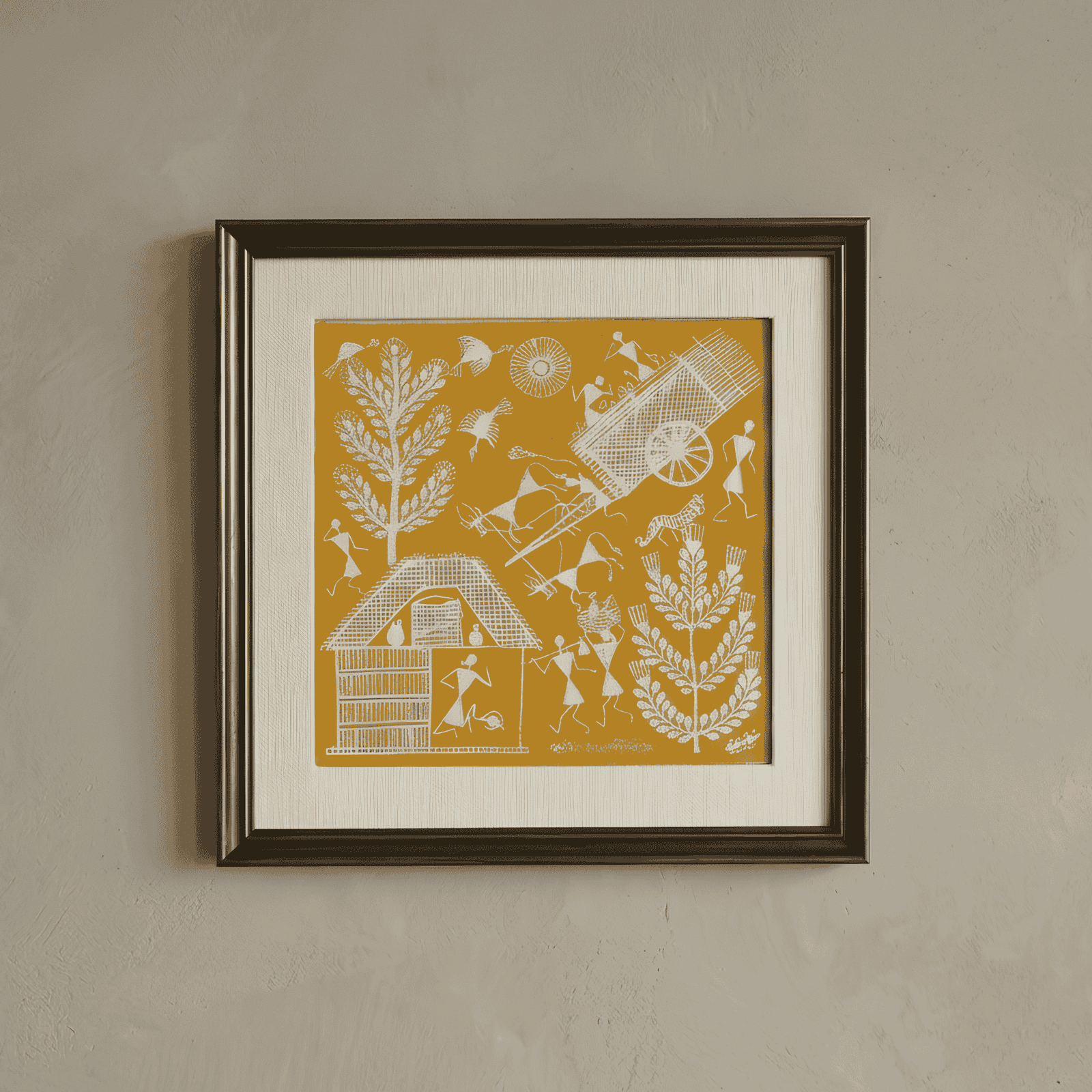 Authentic Warli Painting on Canvas Fabric – Traditional Bullock Cart & Village Harvest Scene