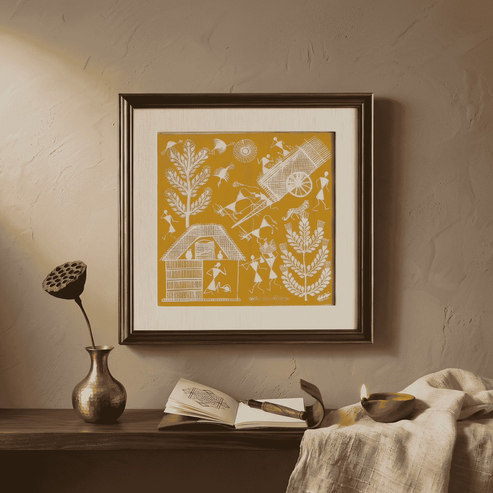 Authentic Warli Painting on Canvas Fabric – Traditional Bullock Cart & Village Harvest Scene alternate view