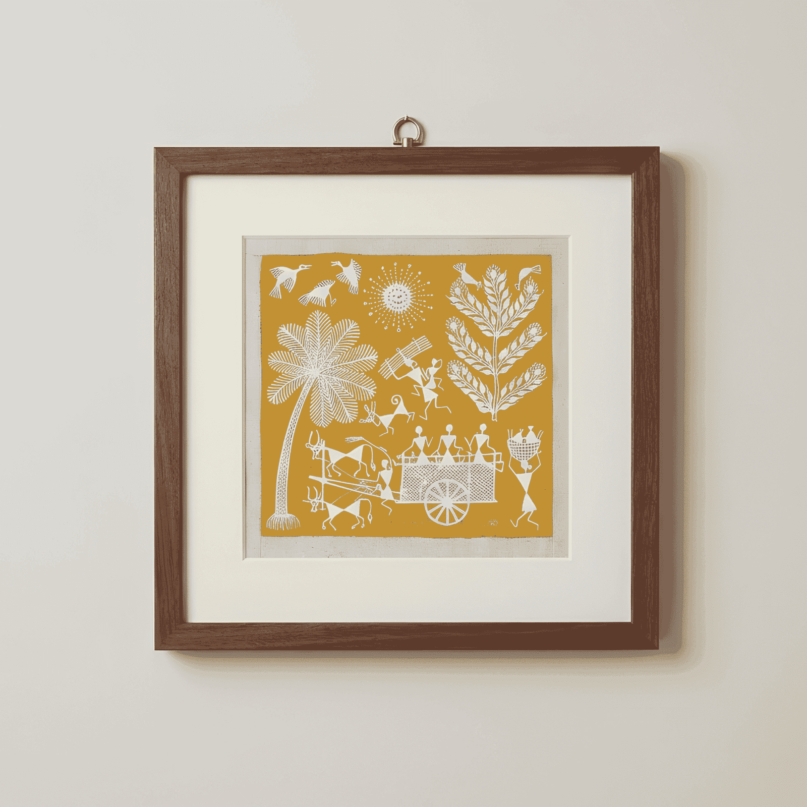 Authentic Warli Painting on Canvas Fabric – Traditional Bullock Cart & Palm Tree Scene