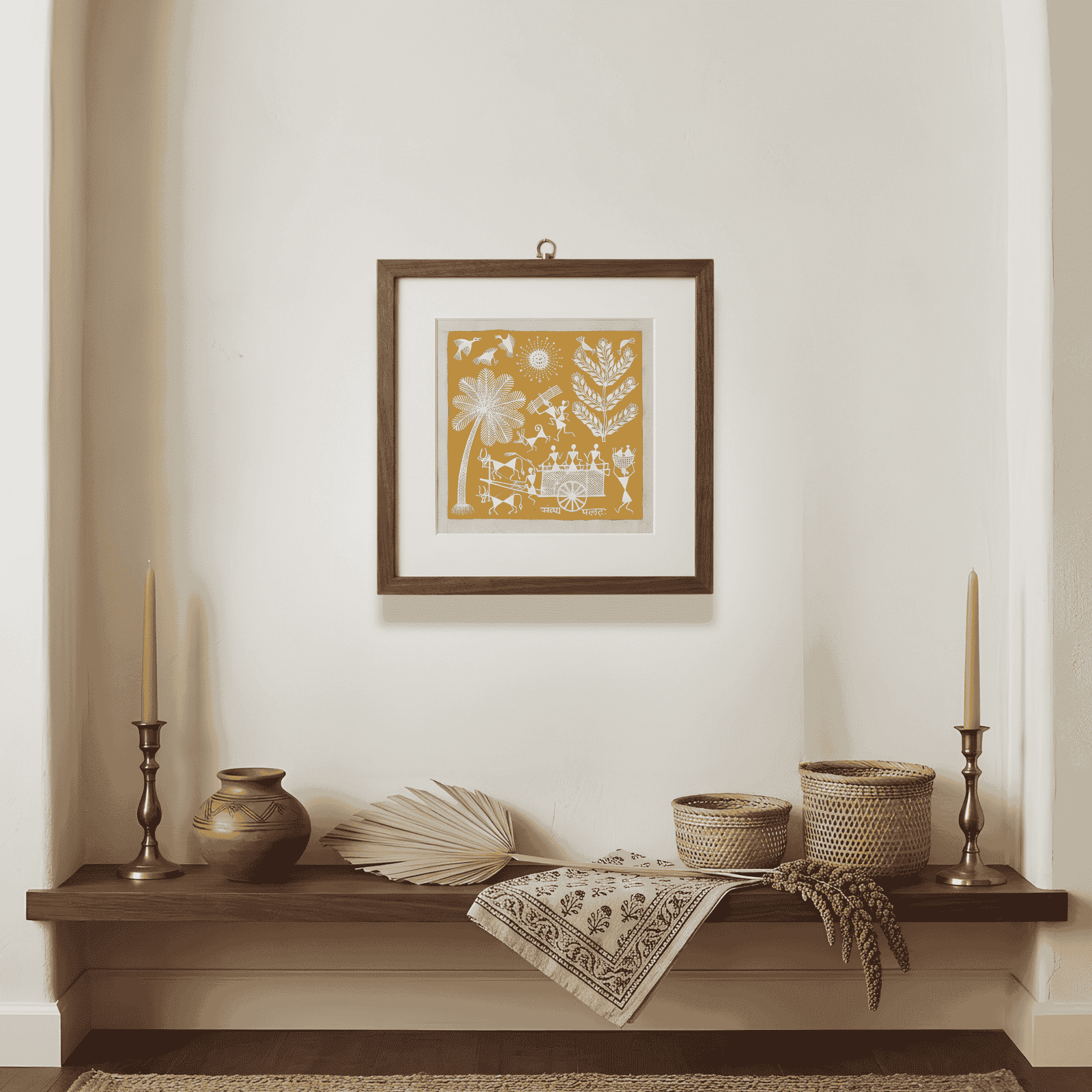 Authentic Warli Painting on Canvas Fabric – Traditional Bullock Cart & Palm Tree Scene alternate view