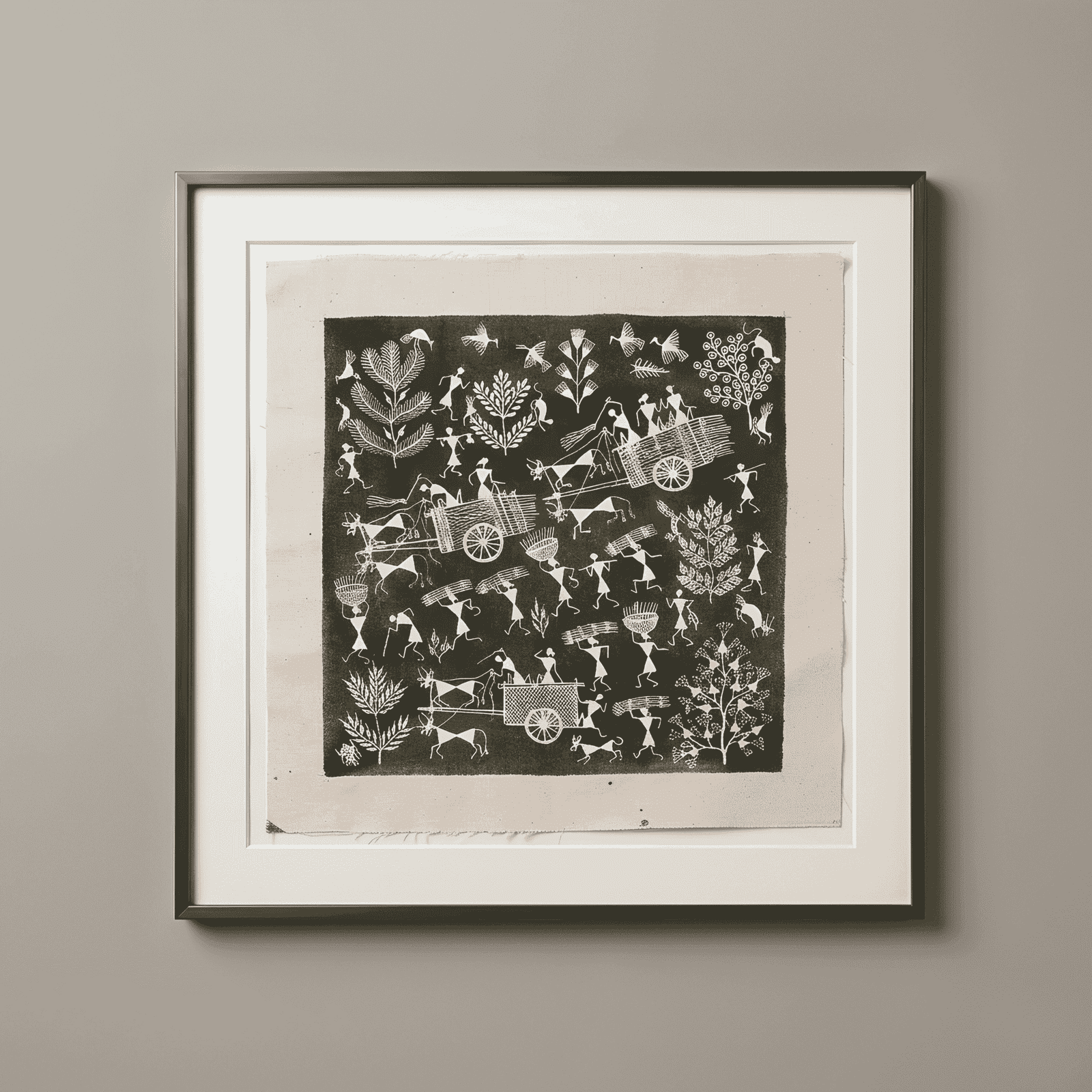 Handmade Warli Painting - Rural Village Harvest Scene