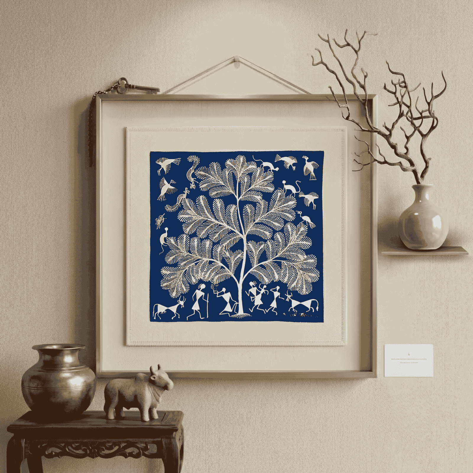 Authentic Handmade Warli Folk Art Painting – Tree of Life & Tribal Village Celebration alternate view